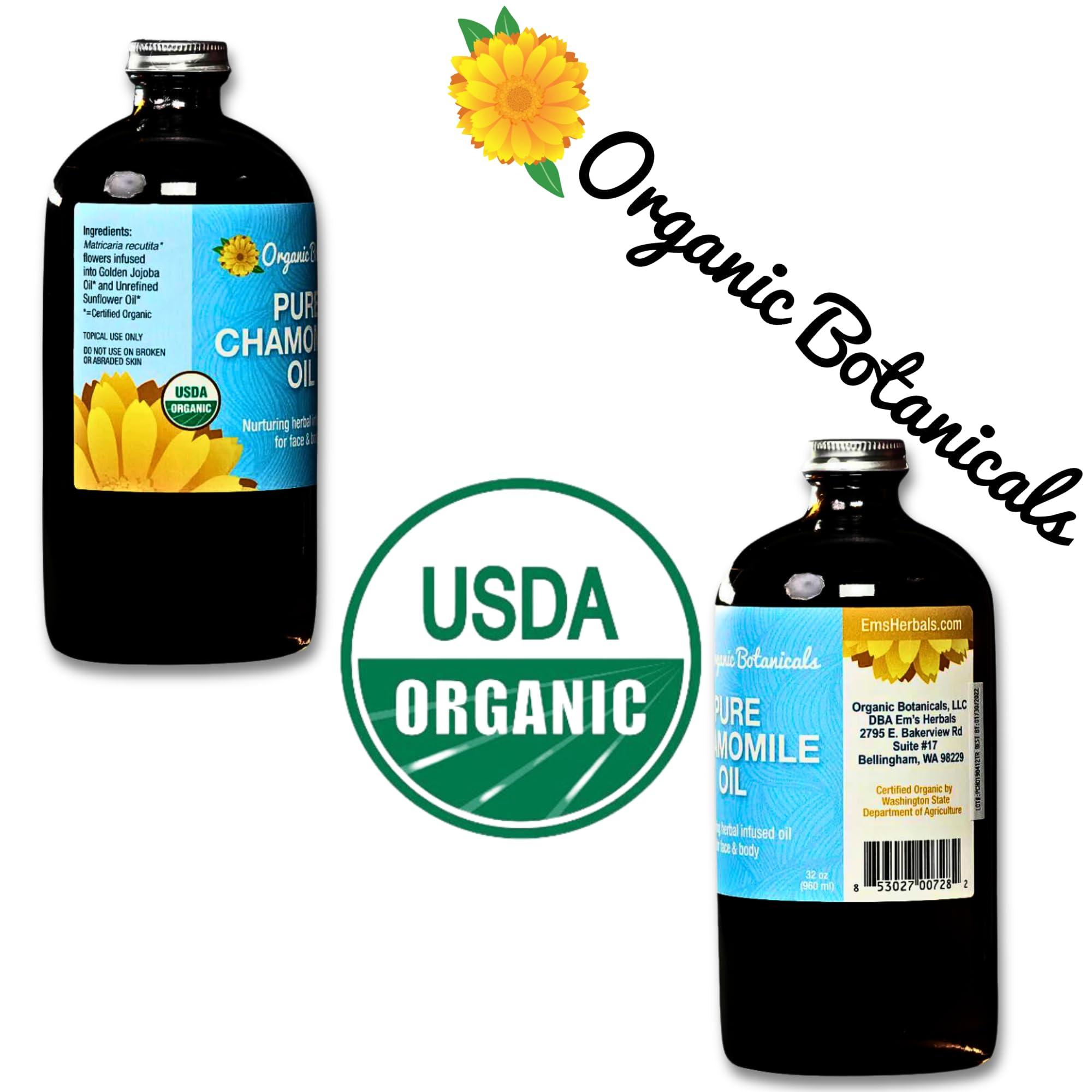 Em's Herbals Organic Botanicals Pure Organic Chamomile Oil - USDA Certified, Premium Grade Natural Therapeutic Oil for Body, Skin, Face, Hair & Massage Therapy - Relaxing, Bath & DIY Infused Flower Extract (32 oz)