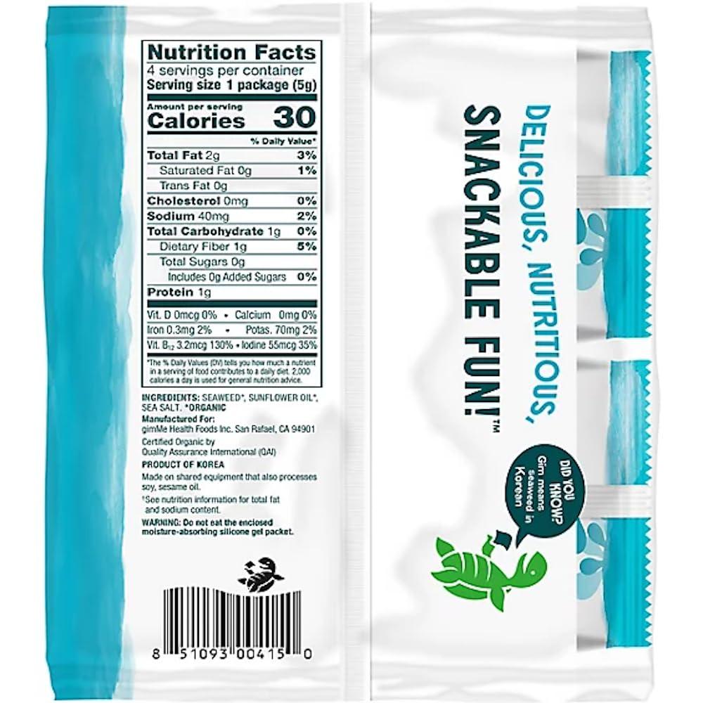 gimMe gimMe - Sea Salt - Organic Roasted Seaweed Sheets - Keto, Vegan, Gluten Free - Great Source of Iodine & Omega 3s - Healthy On-The-Go Snack for Kids Adults 4 Count (Pack of 2)