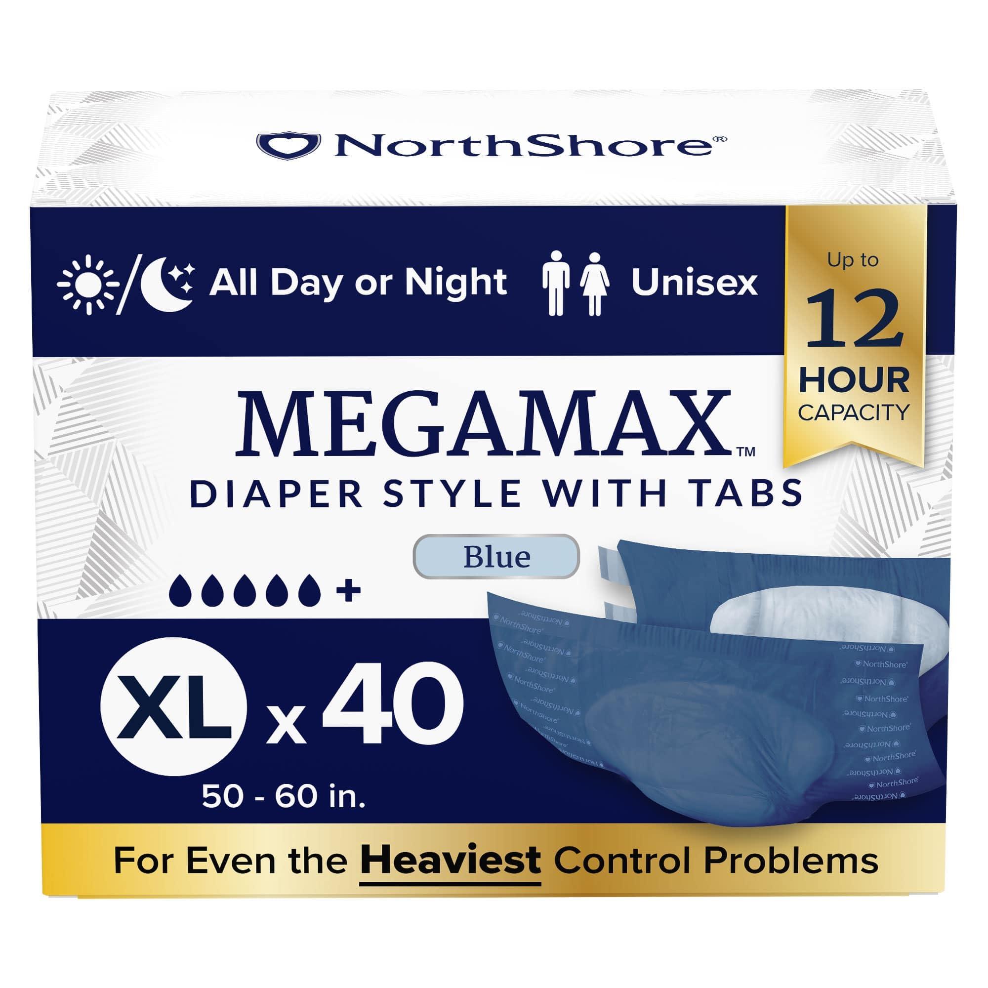 NorthShore NorthShore MegaMax Adult Overnight Diapers, 12-Hour Tab-Style, X-Large, 40 Count Case, Blue, 50-60 inches, Unisex Incontinence Underwear