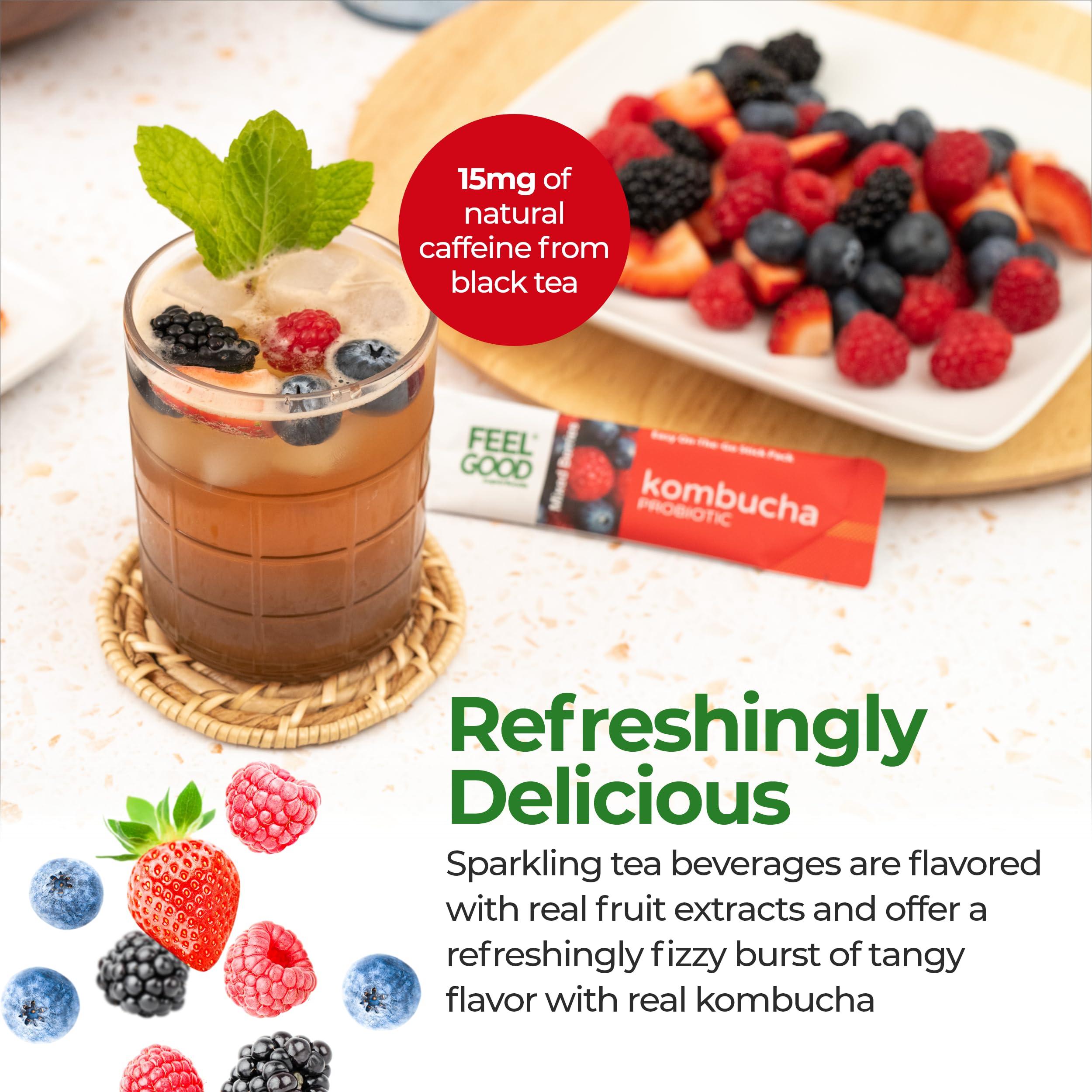 FeelGood Superfoods FeelGood Superfoods Kombucha Iced Tea Packets, Delicious Mixed Berries Flavored Refreshing Instant Kombucha Powder Fizzy Drink, Probiotic Supplement for Gut Health, 14 pack