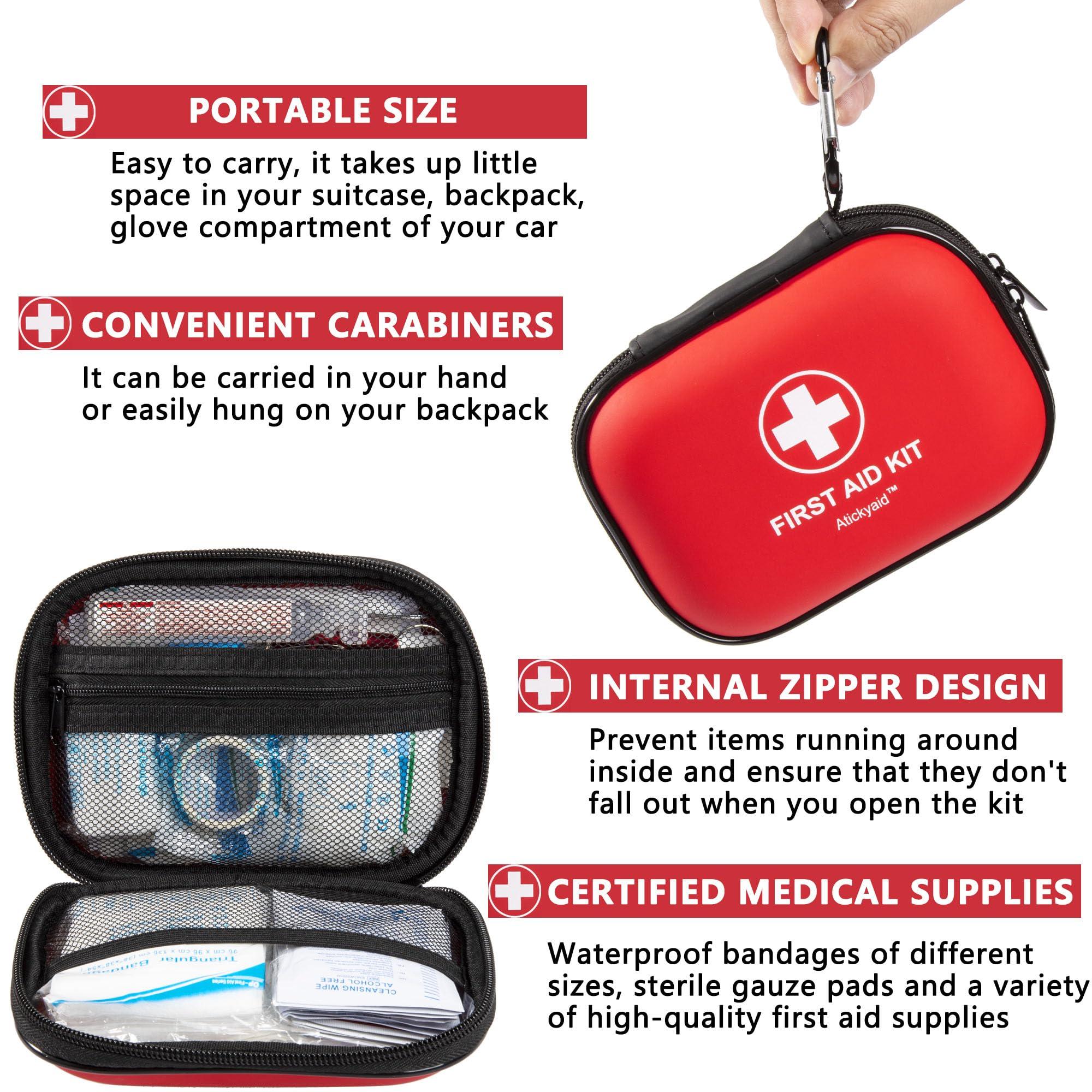 Atickyaid Mini First Aid Kit - 120 Piece Small Waterproof Hard Shell Medical Kit for Car, Home, Office, Travel, Camping, Sports, Outdoor, School - Emergency First Aid Supplies and Survival Kit