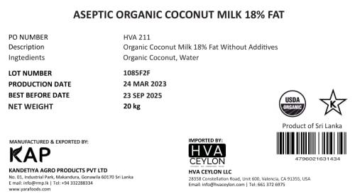 HVA Ceylon Organic Coconut Milk Bulk - 5.28 Gallon (44lb) No Guar Gum, No Preservatives, Gluten Free, Vegan and Kosher 18% Coconut Milk Fat, Unsweetened Bag in Box Shelf Stable