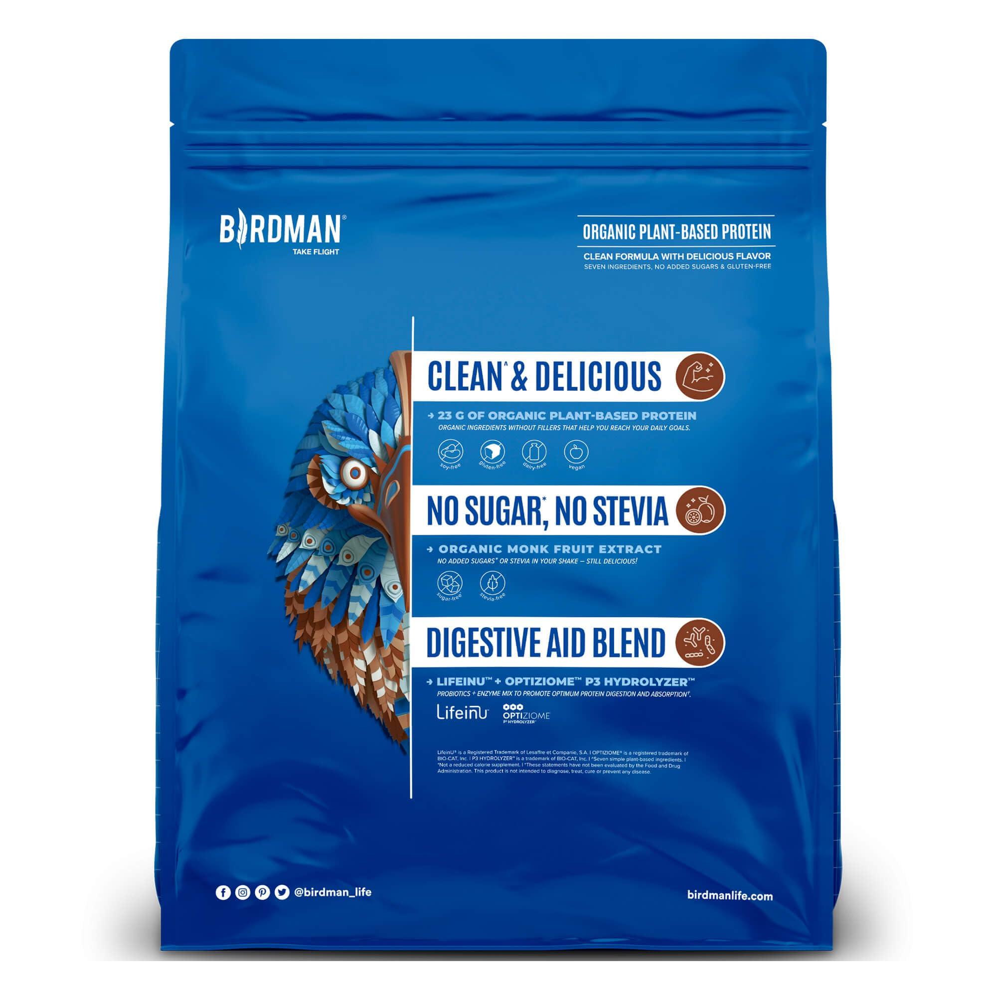 BIRDMAN BIRDMAN Falcon Vegan Protein Powder Organic, Stevia & Sugar Free, Plant Based Protein, Low Carb, Dairy Free, Keto, Non Whey Protein, Probiotic, Pea Protein | Chocolate Flavor - 60 Servings - 3.9lb