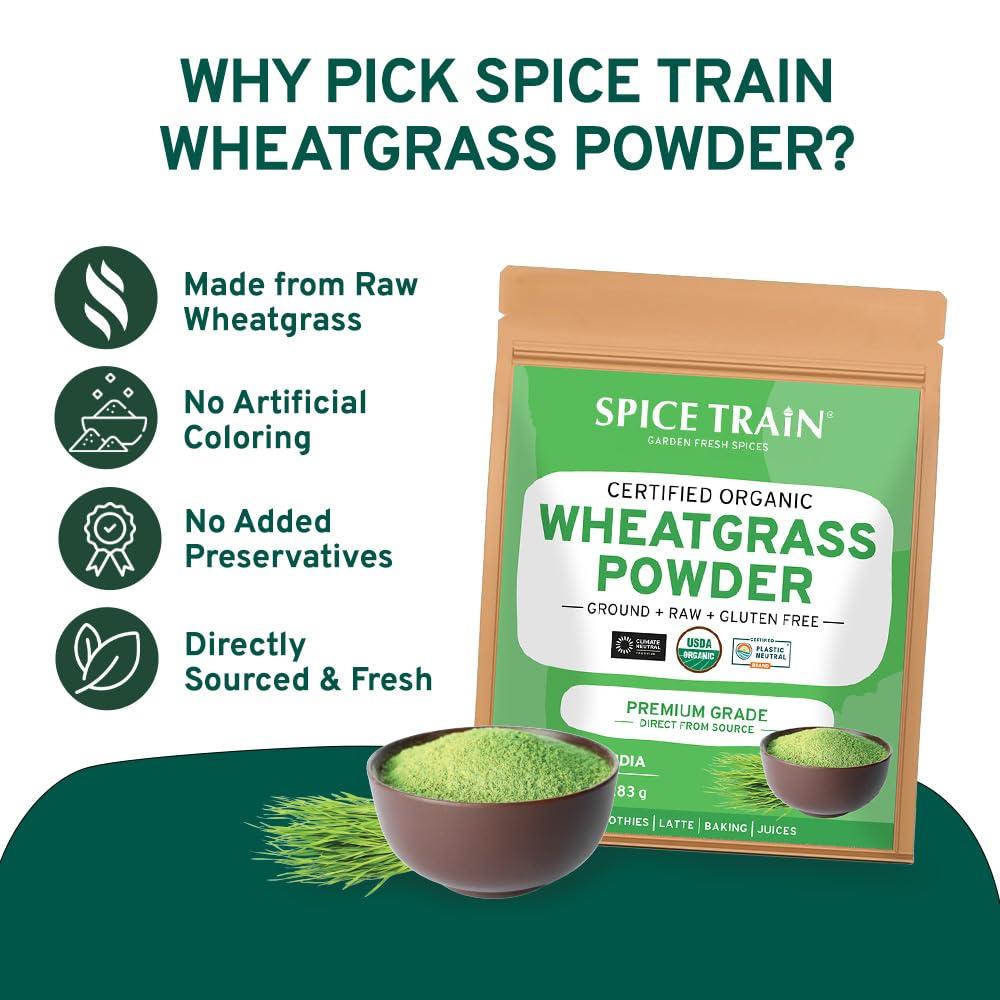 SPICE TRAIN USDA Organic Wheatgrass Powder (10oz) Rich Green Powder - Lab Tested | 100% Whole Leaf | Gluten Free, Non-GMO | No Sugar, No Artificial Ingredients | Resealable Ziplock Pouch