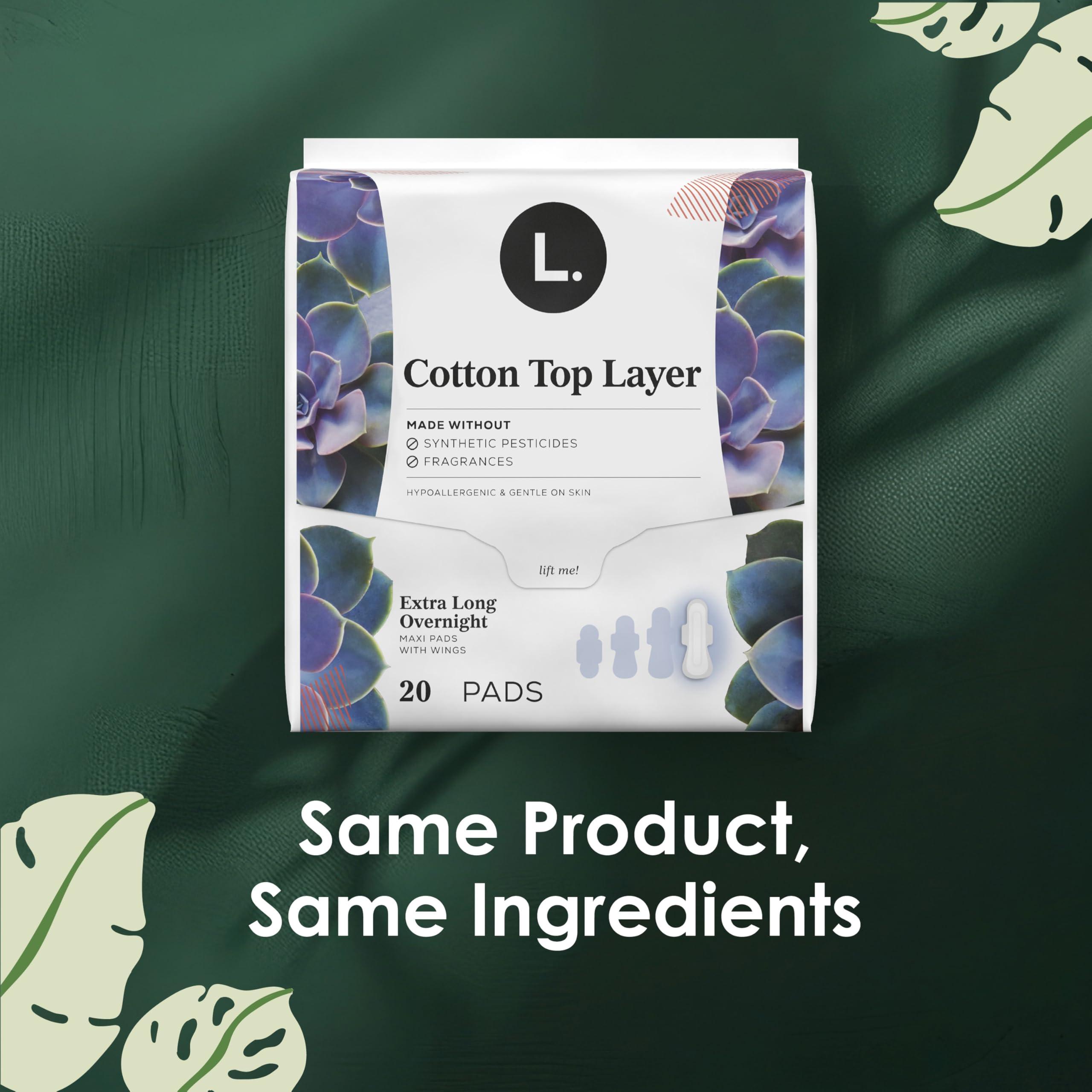 L. L. Pure Cotton Topsheet Pads for Women, Extra Long Overnight Pads, Maxi Pads with Wings, Unscented Menstrual Pads, 28 Count x 2 Packs (56 Count Total) (Packaging May Vary)