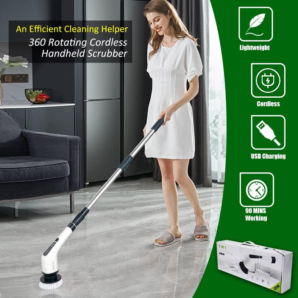 FARI Electric Spin Scrubber, FARI Cordless Cleaning Brush with 7 Replaceable Brush Heads, Tub and Floor Tile 360 Power Scrubber Mop with Adjustable Handle for Bathroom Kitchen Car (White)