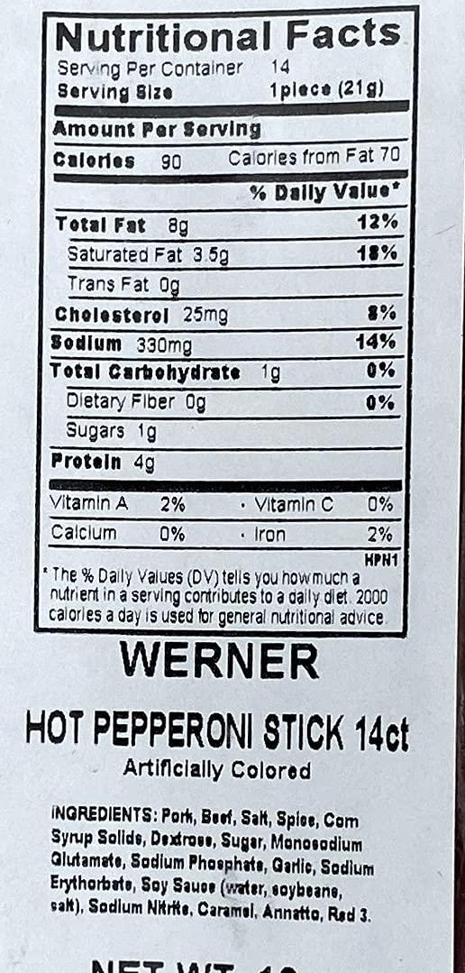 Werner Werner Hot Pepperoni Meat Sticks - 14 Count Bulk Spicy Meat Sticks, 10 Ounce Resealable Bag