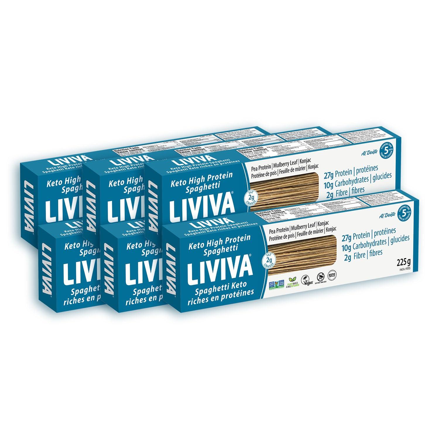 LIVIVA LIVIVA Low Carb High Protein KETO Spaghetti Noodle Pasta 6 Pk 135 g Protein per Box with Pea Protein & Konjac Flour - 8g Net Carbs, Diabetic-Friendly - Ready to Eat in 3 4 mins - Healthy Al Dente Pasta