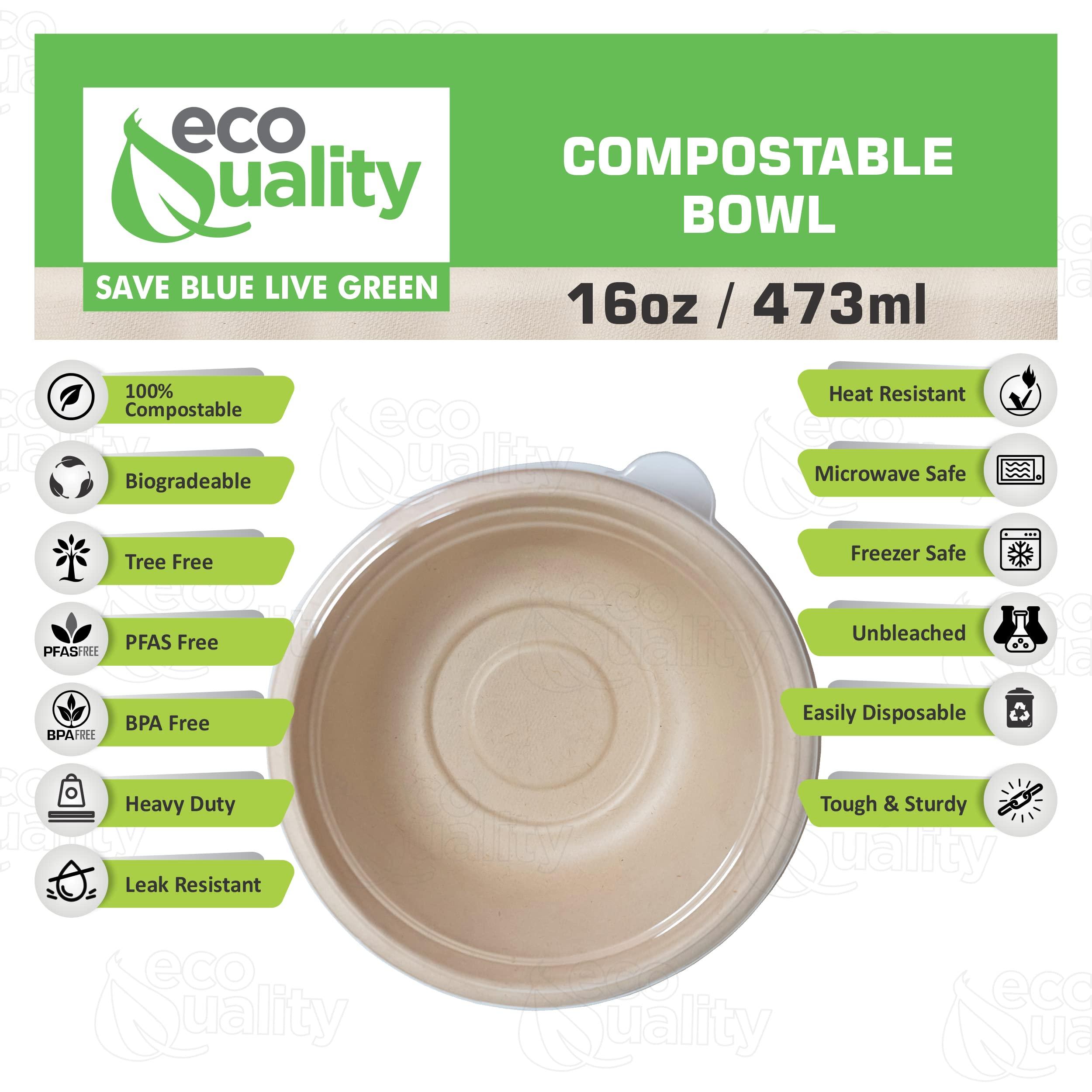 EcoQuality [400 Pack] 16 oz Compostable Paper Bowls with Lids Heavy-Duty Disposable Bowls, Eco-Friendly Natural Bagasse Unbleached, Hot or Cold Use, 100% Biodegradable Soup Bowls Sugarcane