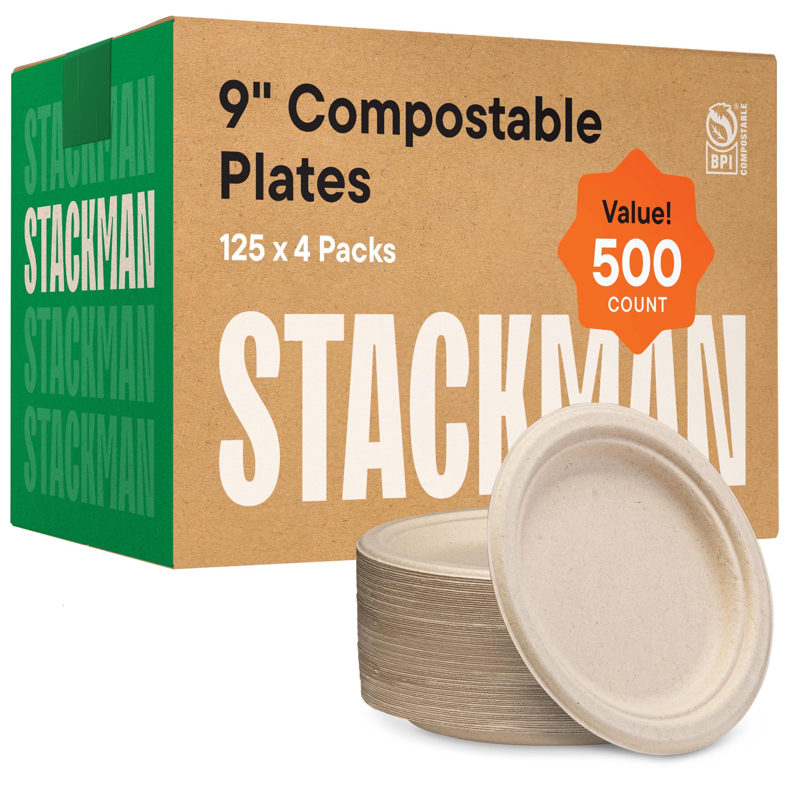 Stack Man 100% Compostable Paper Plates 9 Inch [500 Count] Heavy-Duty Dinner Plates - Natural Brown Color Unbleached Bagasse - Eco-Friendly Disposable Biodegradable Sugarcane Plates - [Bulk Case 4/125 Pack]