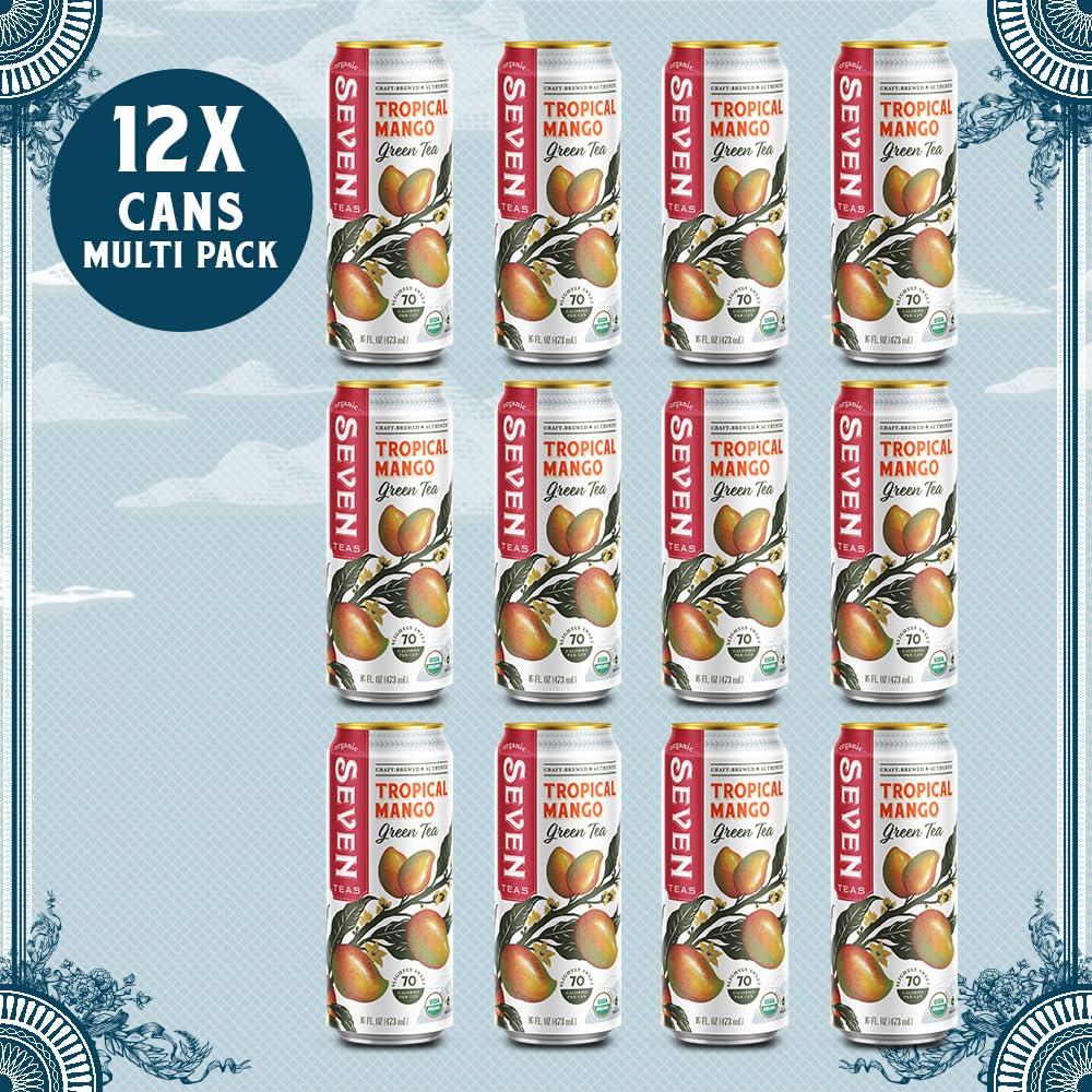 SevenTeas SevenTeas Tropical Mango Green Tea, 16 OZ (Pack of 12 Cans), Organic Iced Tea