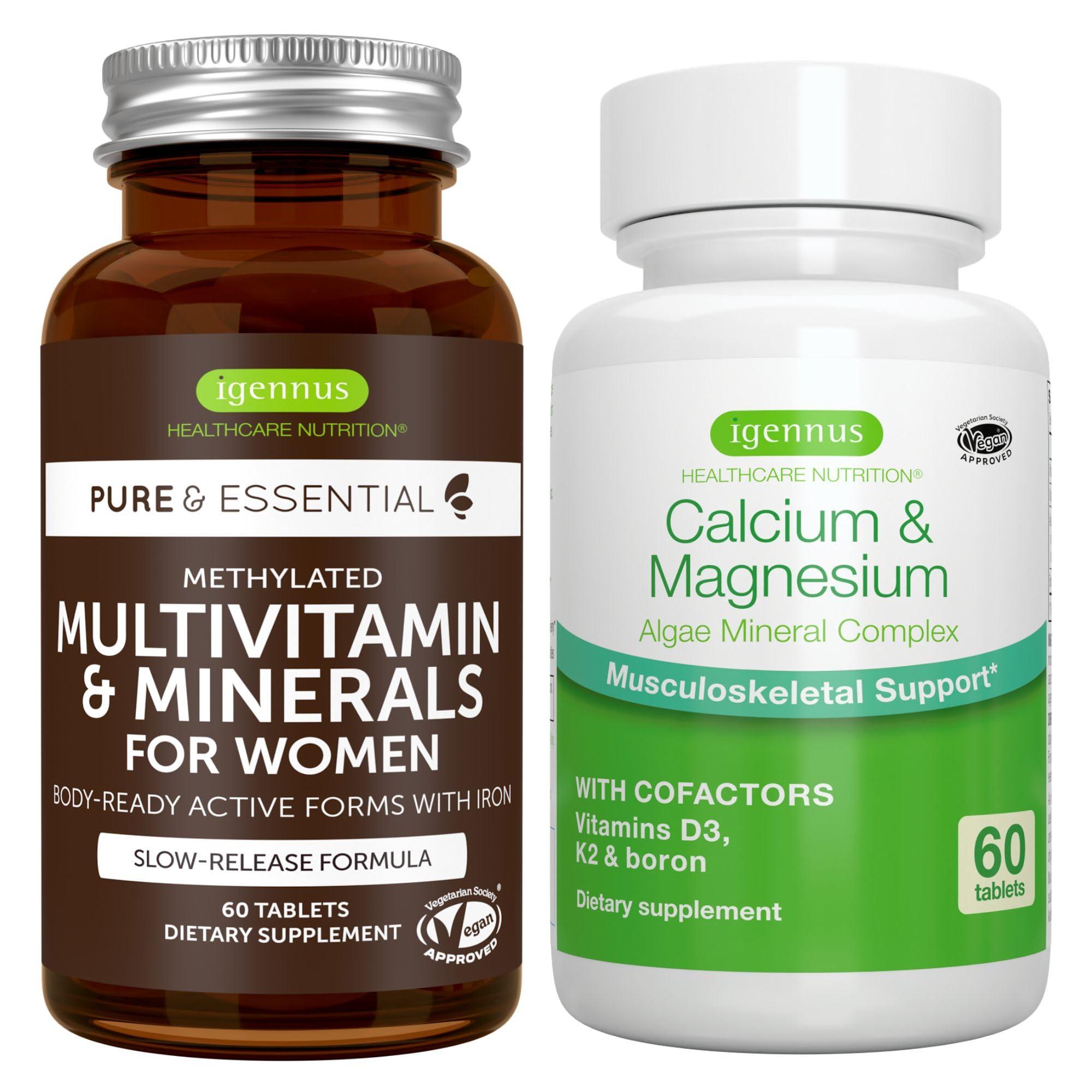 Igennus Healthcare Nutrition Multivitamin & Minerals for Women + Calcium & Magnesium Complex Vegan Bundle, Sustained Release Advanced Multivitamin + 2:1 Plant Based Algae Mineral Complex, by Igennus