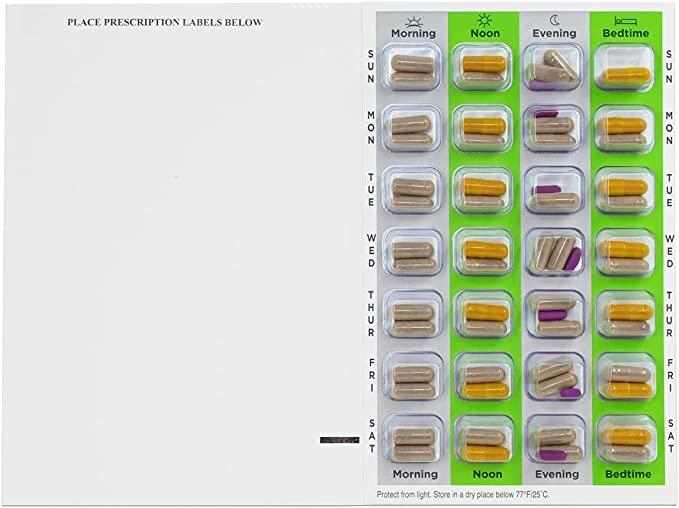 Medi-Aid 4 Times a Day Weekly XL Cold Seal Medication Blister Pack System Cards for Pills -One Piece Unit Dose Tri-Fold Booklet, Easy No Extra Equipment Needed, Just Fill and Seal (4X a Day Weekly - 100 Pack)
