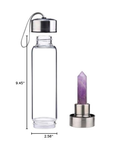 JewelBeauty Crystal Elixir Glass Water Bottle with Amethyst Gemstone Healing Crystal Infused Obelisk Wand Energy Cup (Amethyst)