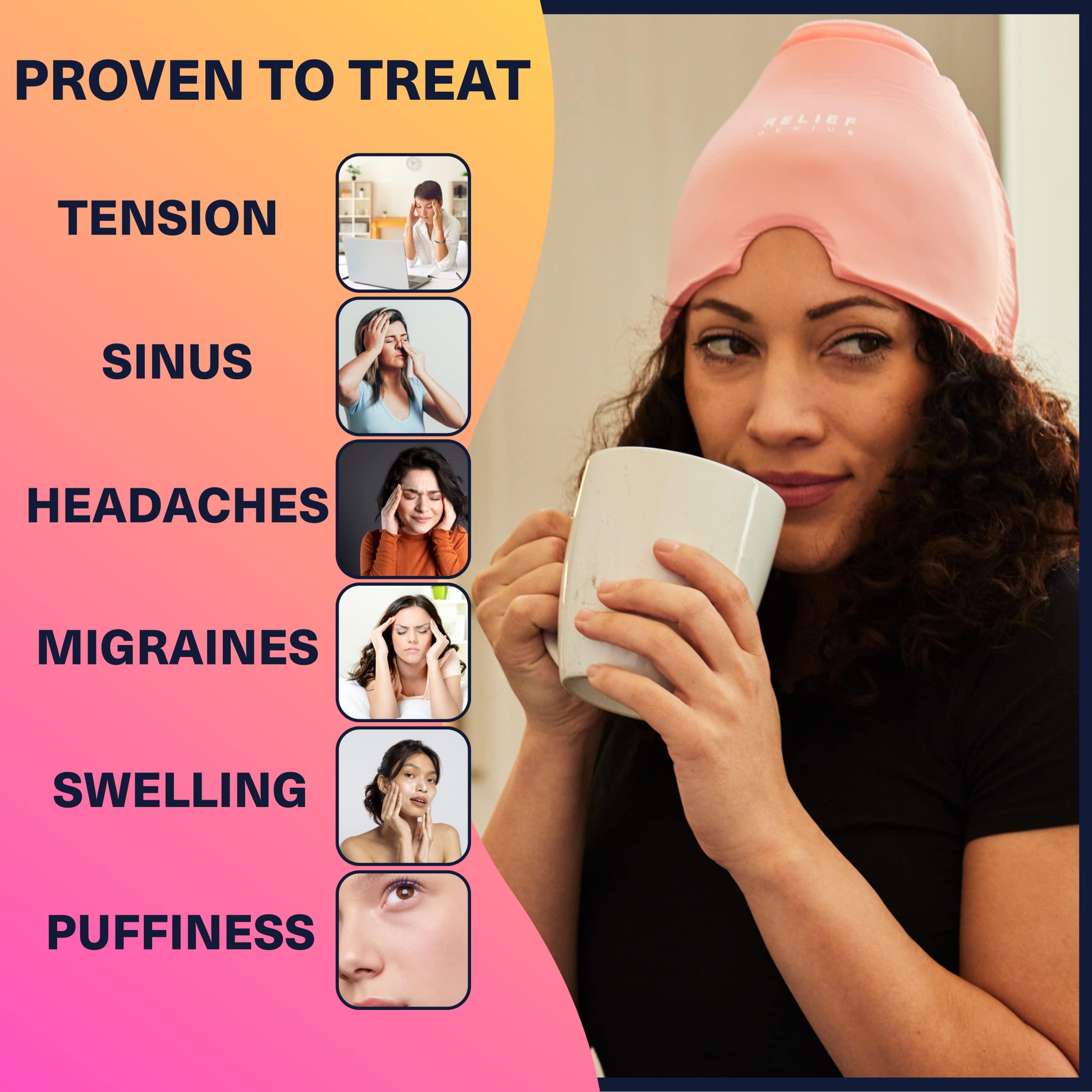 Relief Genius Relief Genius Migraine ice Head Cap - Headache Relief with Hot/Cold Gel Head Ice Pack with Face and Eye Headache Mask Compress (Pink)