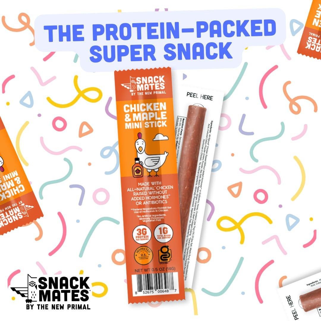 The New Primal The New Primal Snack Mates Chicken & Maple Sticks, Gluten Free Healthy Snacks for Kids, Low Sugar High Protein Back to School Snacks, Mini Paleo Jerky Meat Stick, 7g Protein, 50 Calories, 15 Pack