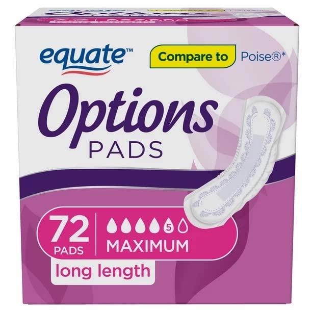Assuranc Equate Options Incontinence Pads, Maximum Absorbency, Long Length, 72 Ct (Pack of 3 | Total of 216 Ct)