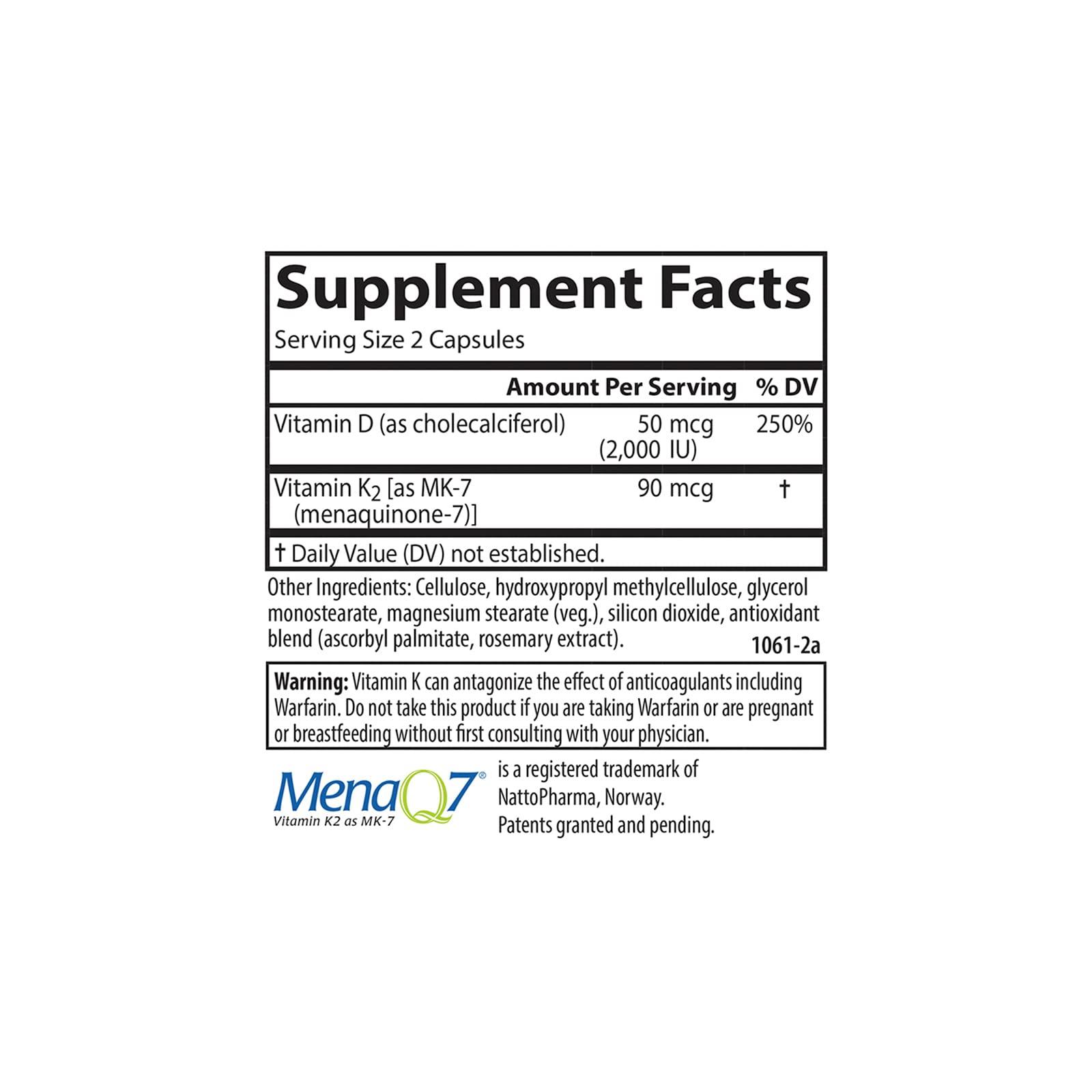 Carlson Carlson - Vitamin D3 + K2, 50 mcg (2000 IU) Vitamin D3 & 90 mcg Vitamin K2 as MK7, Bone Support, Calcium Absorption, 60 Capsules