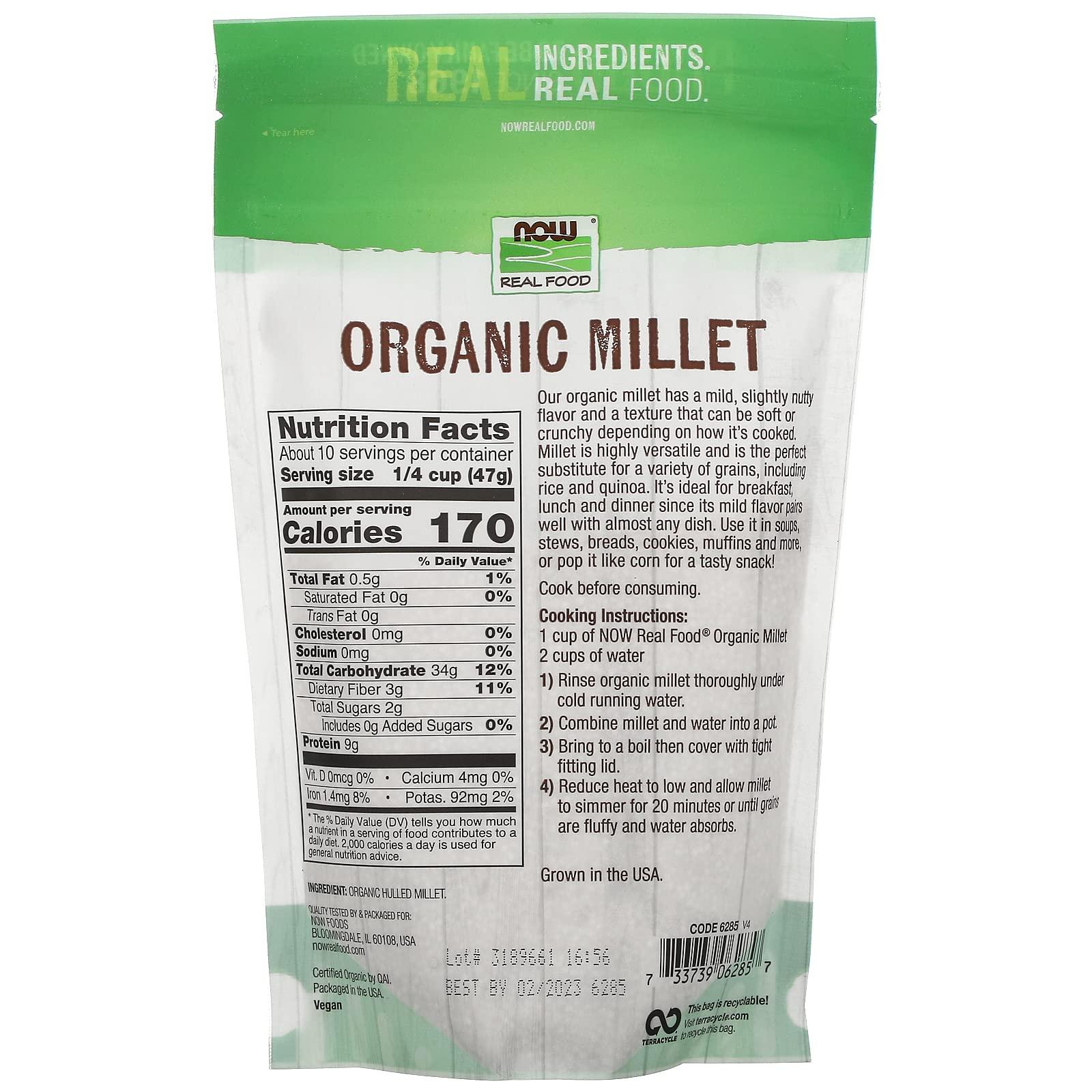 NOW NOW Foods, Organic Millet, Gluten-Free, Whole Grain, Hulled, USA-Grown, 16-Ounce (Packaging May Vary)