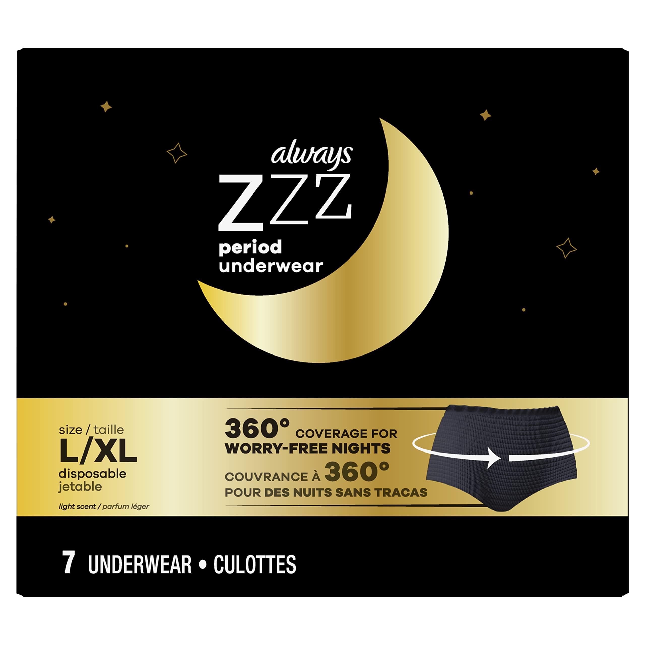 Always Always ZZZ Overnight Disposable Period Underwear for Women Size LG, 360° Coverage, 7 Count