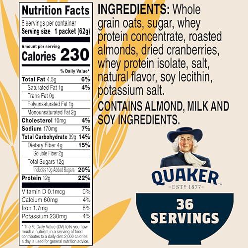 Quaker Quaker Instant Oatmeal, Select Starts, Protein, Cranberry Almond, Breakfast Cereal, 6 Packets Per Box (Pack of 6 Boxes)