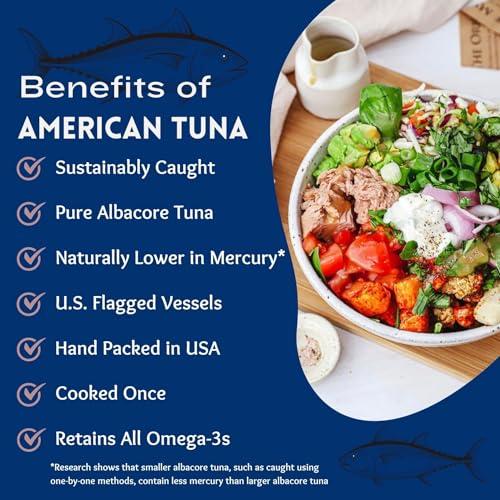 American Tuna Wild Albacore Tuna Fish by American Tuna - with Sea Salt, MSC Certified, Sustainable One by One Pole Wild Caught Fish - 6 oz cans | Pack of 12 | Premium Canned Tuna for Health and Flavor Enthusiasts!