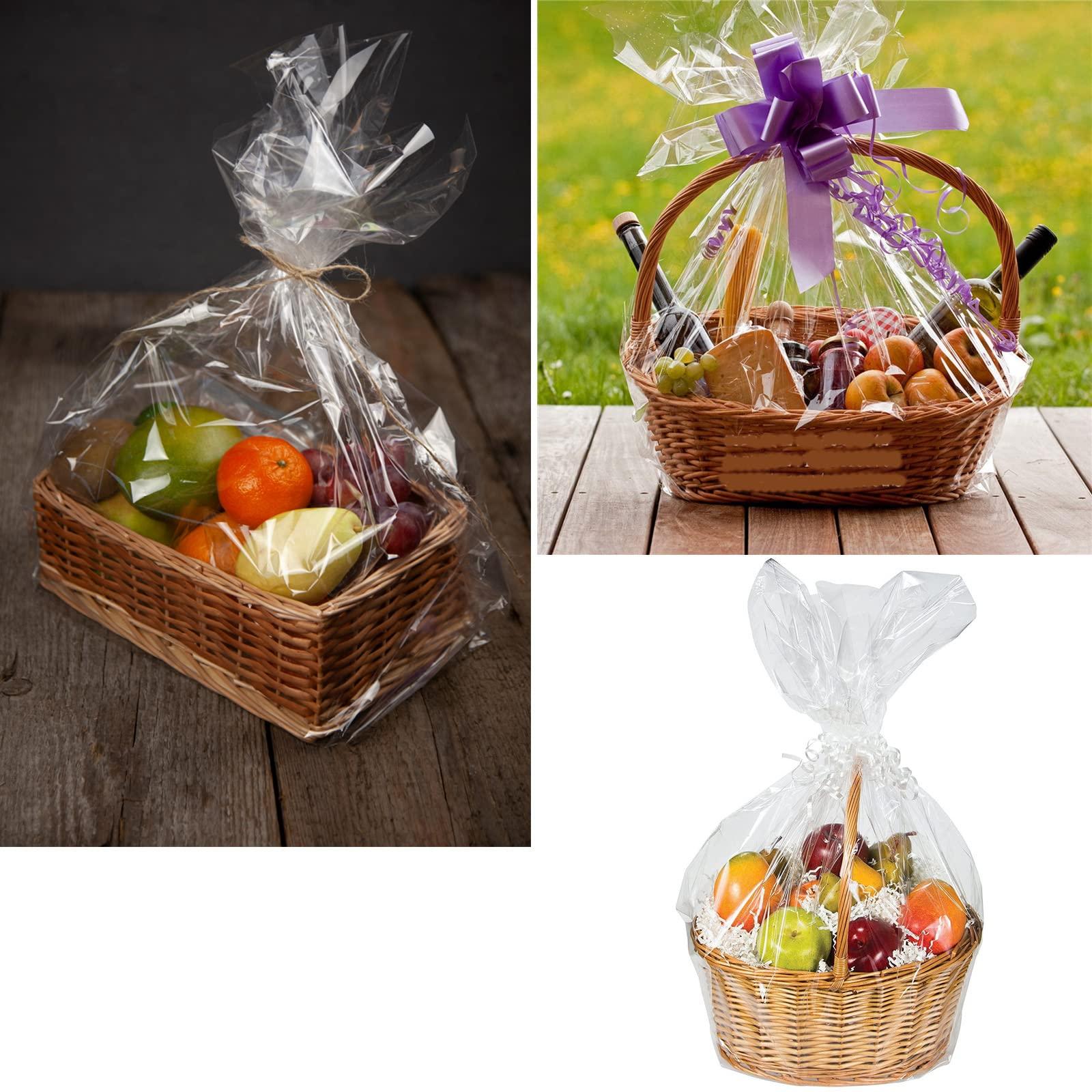 Circloophs 50 Packs Large Clear Cellophane Basket Bags 24\" x 30\" Cellophane Basket Gift Bags Heavy-duty Plastic Wrapping Paper for Gifts, Arts, Crafts, Treats, Chiffon Ribbon