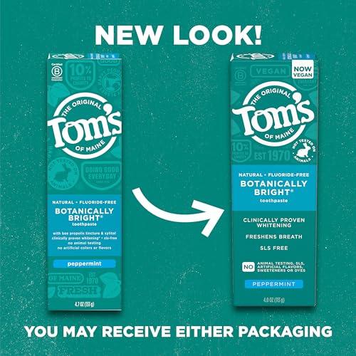 Tom\'s of Maine Toms of Maine Botanically Bright Natural Whitening Toothpaste, Fluoride Free and SLS Free, Vegan, Peppermint, 3 Pack, 4.0 Oz