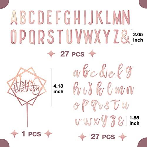 SONICEBUY Acrylic Alphabet Letter Cake Topper DIY Custom Cake Toppers with Rose Gold Uppercase Lowercase A - Z Letters and Happy Birthday Cake Topper for Wedding Anniversary Baby Shower Birthday Party Supplies