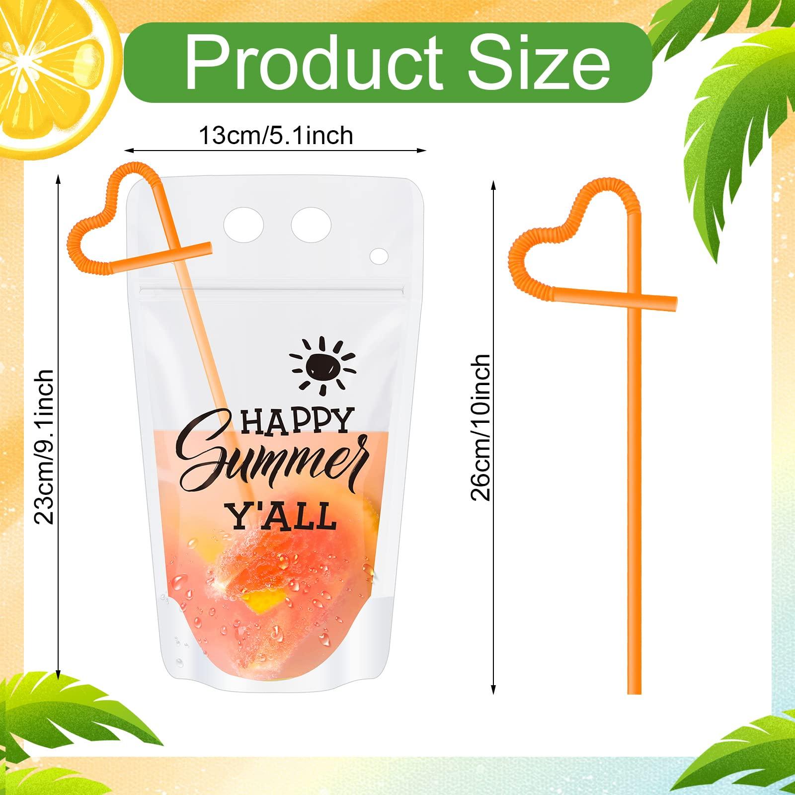 CHENGU Summer Drink Pouches with Straws Beach Drink Pouches for Adult Translucent Party Beverage Bags Stand up Juice Pouches Plastic Drink Container with Zipper Juice Freezer Bags for Party Favor (60 Sets)