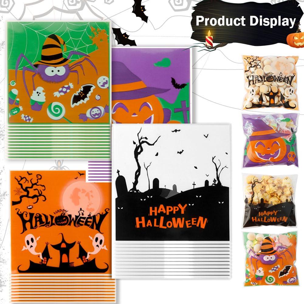 OZOSHINE Halloween Treat Bags, 100PCS Self-sealing Halloween Candy Bags, Halloween Trick or Treat Bags Halloween Cellophane Treat Bags Bulk Halloween Decorations Gift Bags Halloween Goodie Snack Bags for Candy