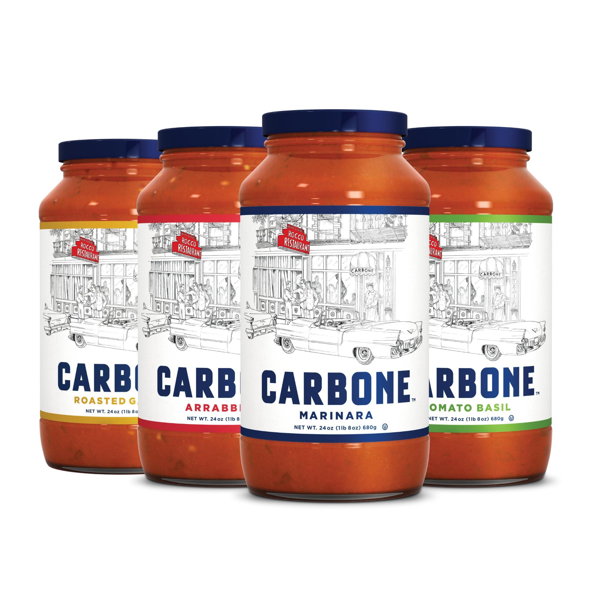 Carbone Carbone Pasta Sauce VARIETY PACK of Tomato Basil, Marinara, Arrabbiata, Roasted Garlic, Tomato Sauce Made with Fresh, Natural Ingredients, Non GMO, Vegan, Gluten Free, Low Carb, 24 Fl Oz (Pack of 4)