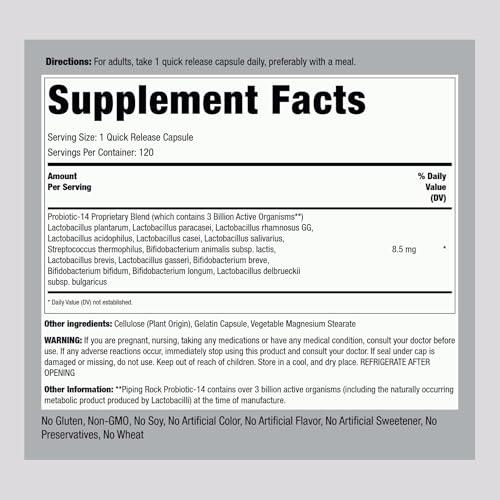 Piping Rock Piping Rock Probiotic Acidophilus Capsules for Women and Men | 3 Billion Live Cultures | 120 Pills | 14 Strains Supplement | Non-GMO, Gluten Free