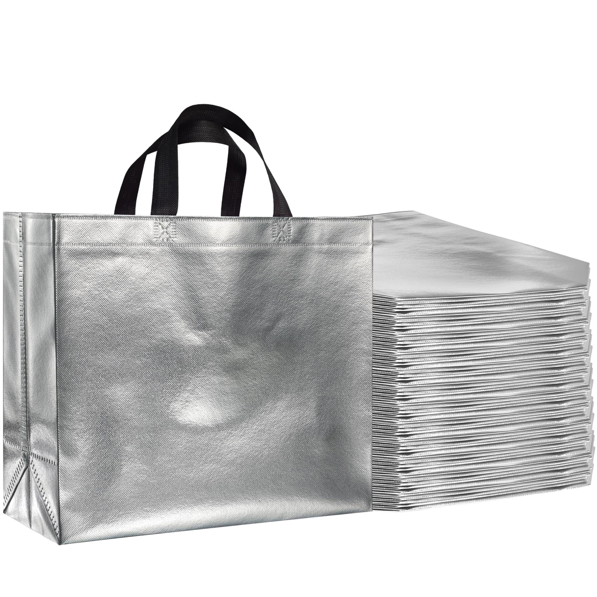 BLEWINDZ BLEWINDZ 60Pcs Large Gift Bags, Glossy Reusable Gift Bags Silver Tote Bags with Handles for Birthday, Bridesmaid, Wedding, Party Favors