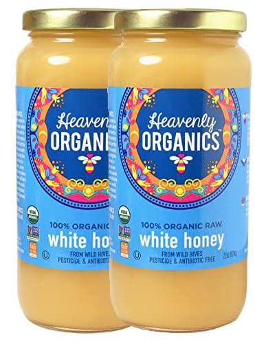 Heavenly Organics Heavenly Organics 100% Organic Raw White Honey 2 Pack - Size 22 OZ/Jar Lightly Filtered to Preserve Vitamins, Minerals and Enzymes; Made from Wild Beehives & Free Range Bees, Dairy, Nut, Gluten Free, Kosher, Chemical , Antibiotic and Glyphosate free