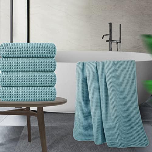 POLYTE POLYTE Microfiber Oversize Quick Dry Lint Free Bath Towel, 60 x 30 in, 4 Pack (Green, Waffle Weave)