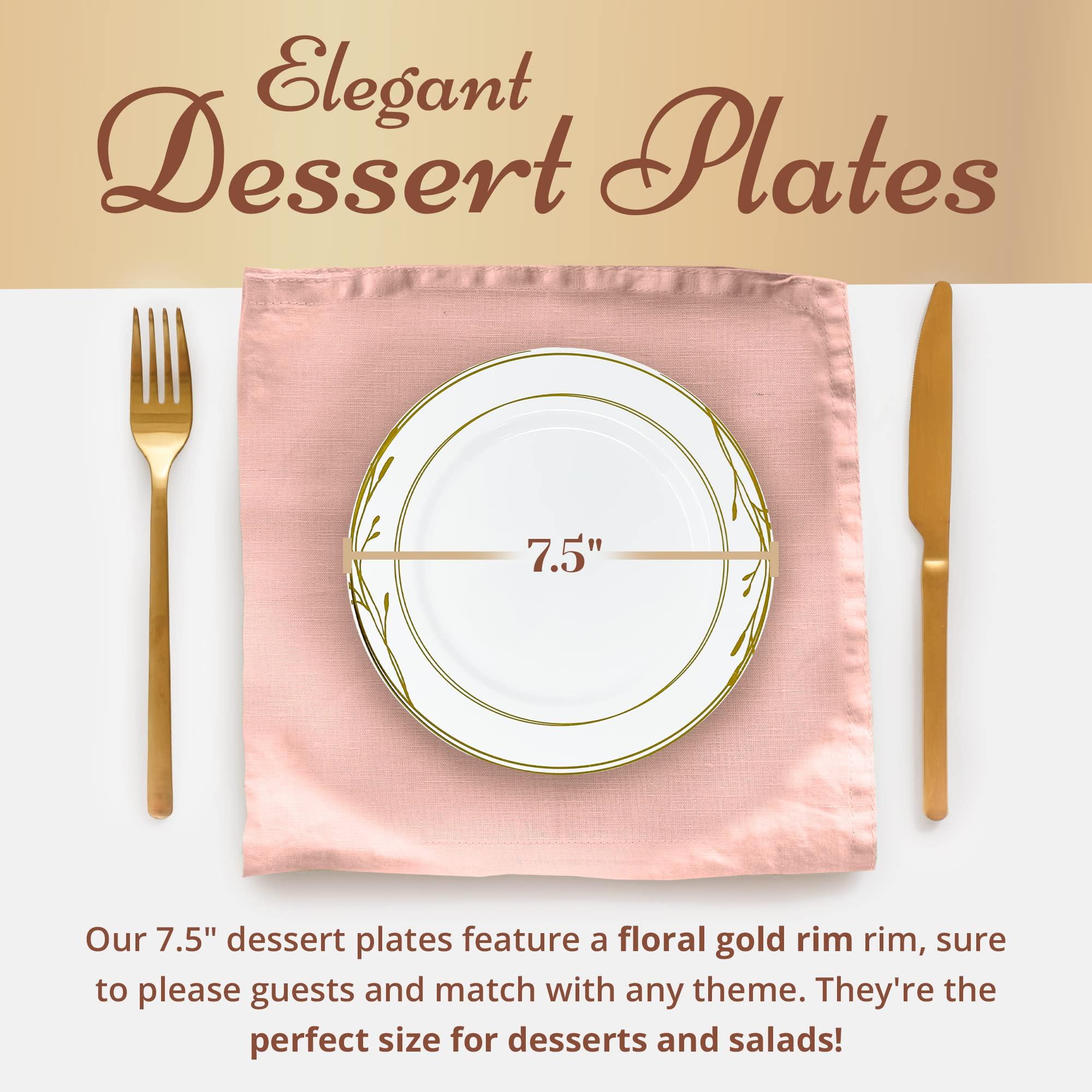 Reli. Reli. Disposable Plastic Plates, White & Gold Rim (110 Pcs, 7.5\" Dessert Plate) | Hard Plastic Dessert/Salad/Cake | Heavy Duty Disposable Round Trays for Party, Wedding, Event (Gold Trim)