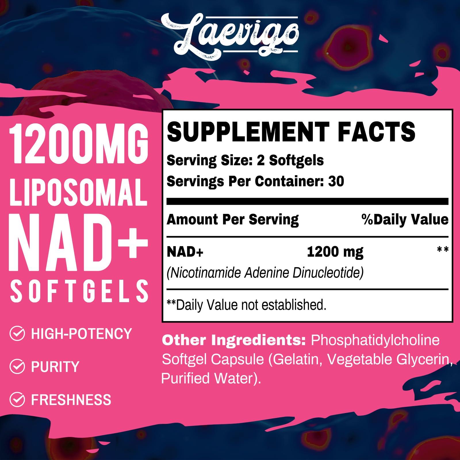 Laevigo 1200mg Liposomal NAD+ Supplement, Ultra Purity Actual NAD Supplement, Enhanced Absorption, Boosting NAD+, Age Defense, Energy, Metabolic Repair, Optimal NAD Supplement, 60 Softgels