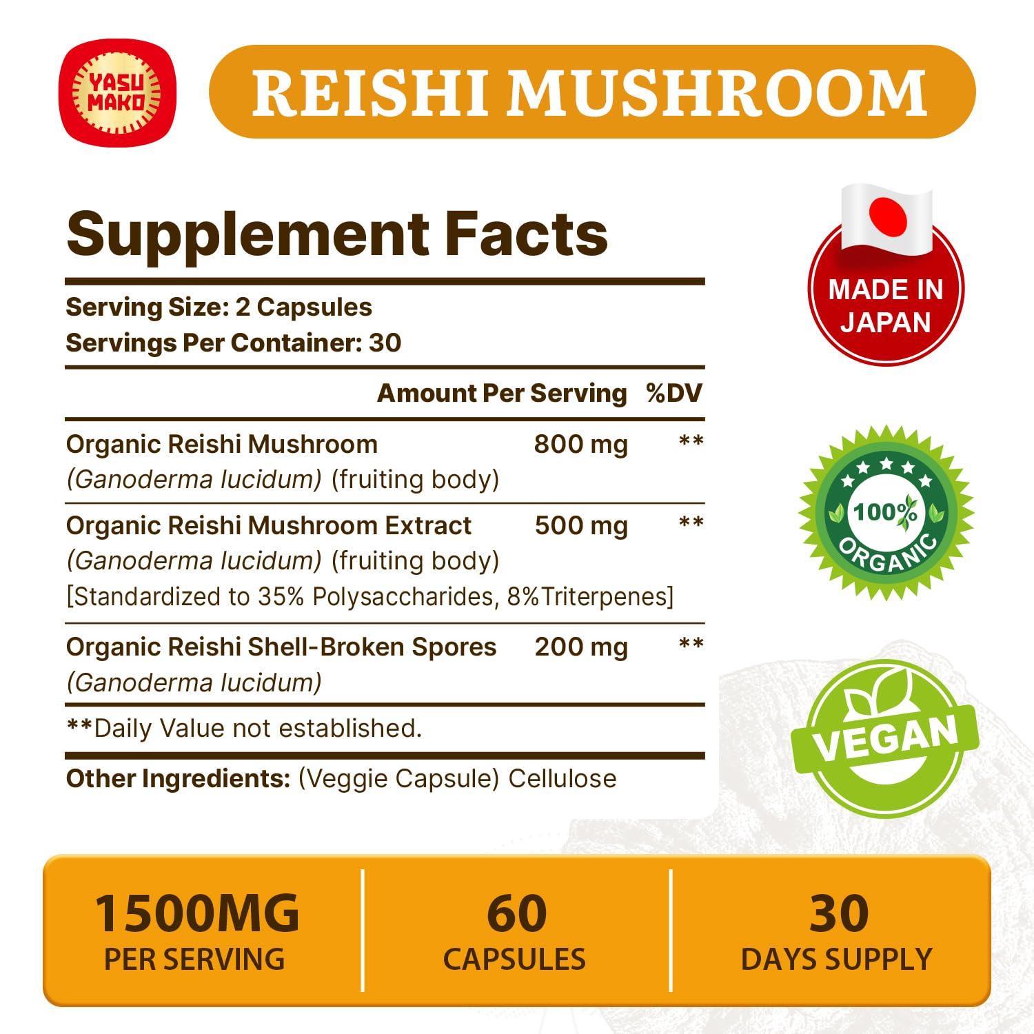 Yasumako Yasumako Japanese Reishi Mushroom Supplement 800mg with Reishi Mushroom Extract 500mg & Reishi Shell-Broken Spores 200mg,Organic Mushroom Capsules for Immune System - Real Fruiting Body (Pack of 2)