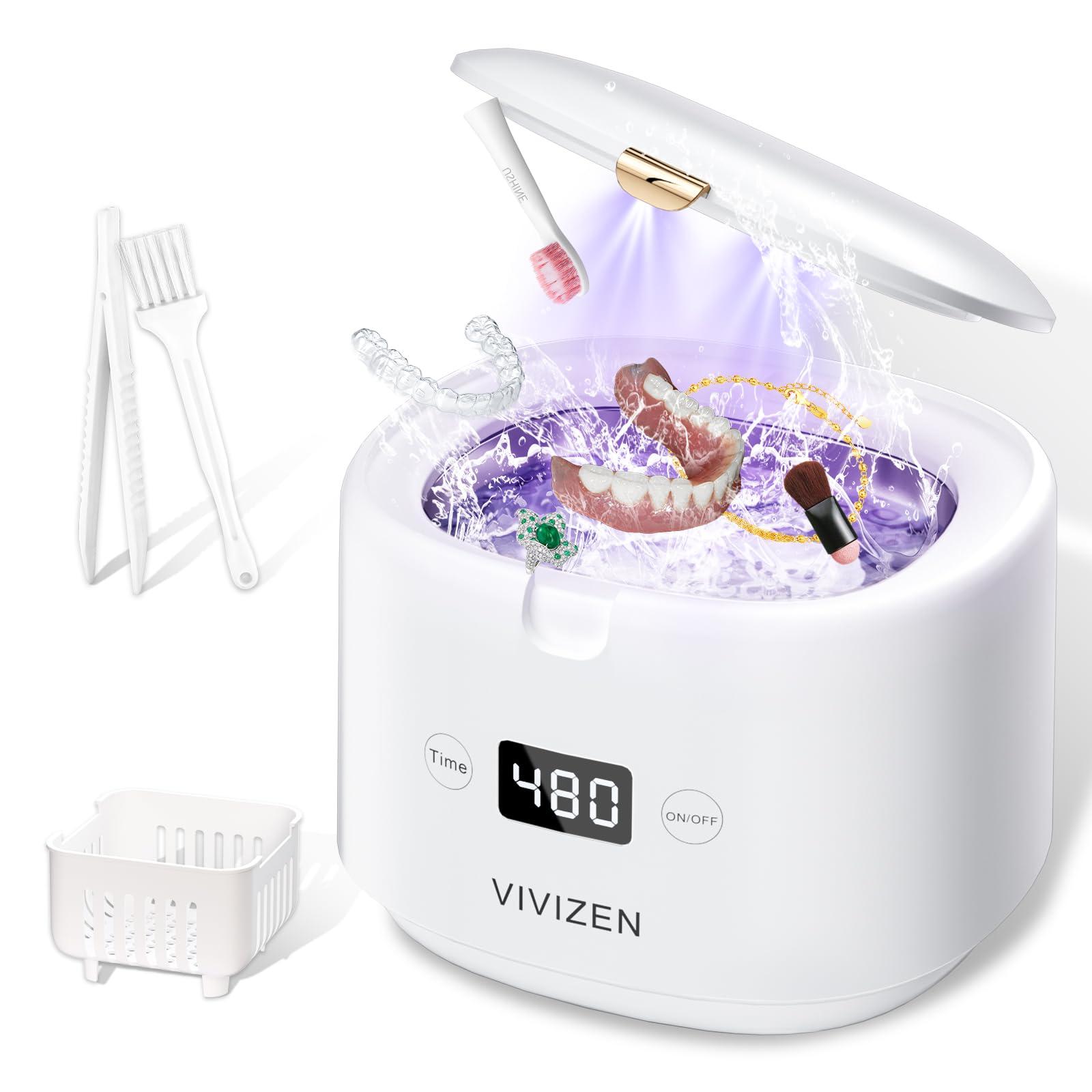 VIVIZEN Ultrasonic Retainer Cleaner, Sonic Dental Cleaning Pod, Portable 30W/45kHz Machine for Dentures, Aligners, Braces, Mouth Guards, Jewelry (White)