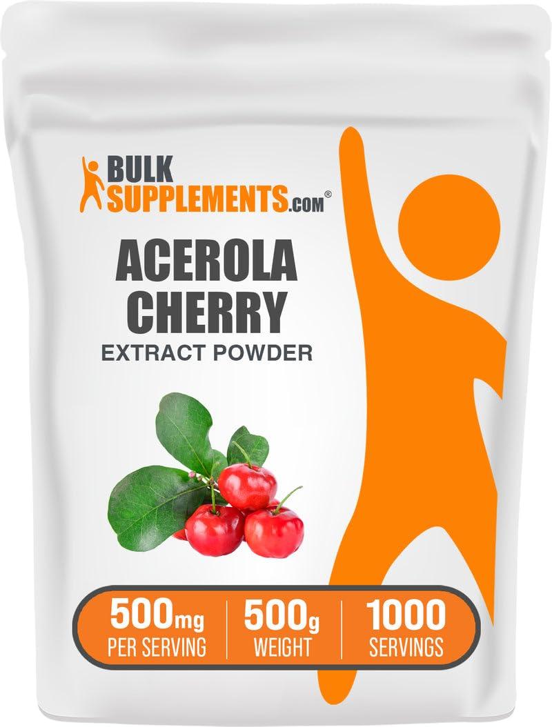 BULKSUPPLEMENTS.COM BulkSupplements.com Acerola Cherry Extract Powder - Natural Vitamin C Supplement, Acerola Cherry Powder - Vegan & Gluten Free, 500mg per Serving, 500g (1.1 lbs) (Pack of 1)