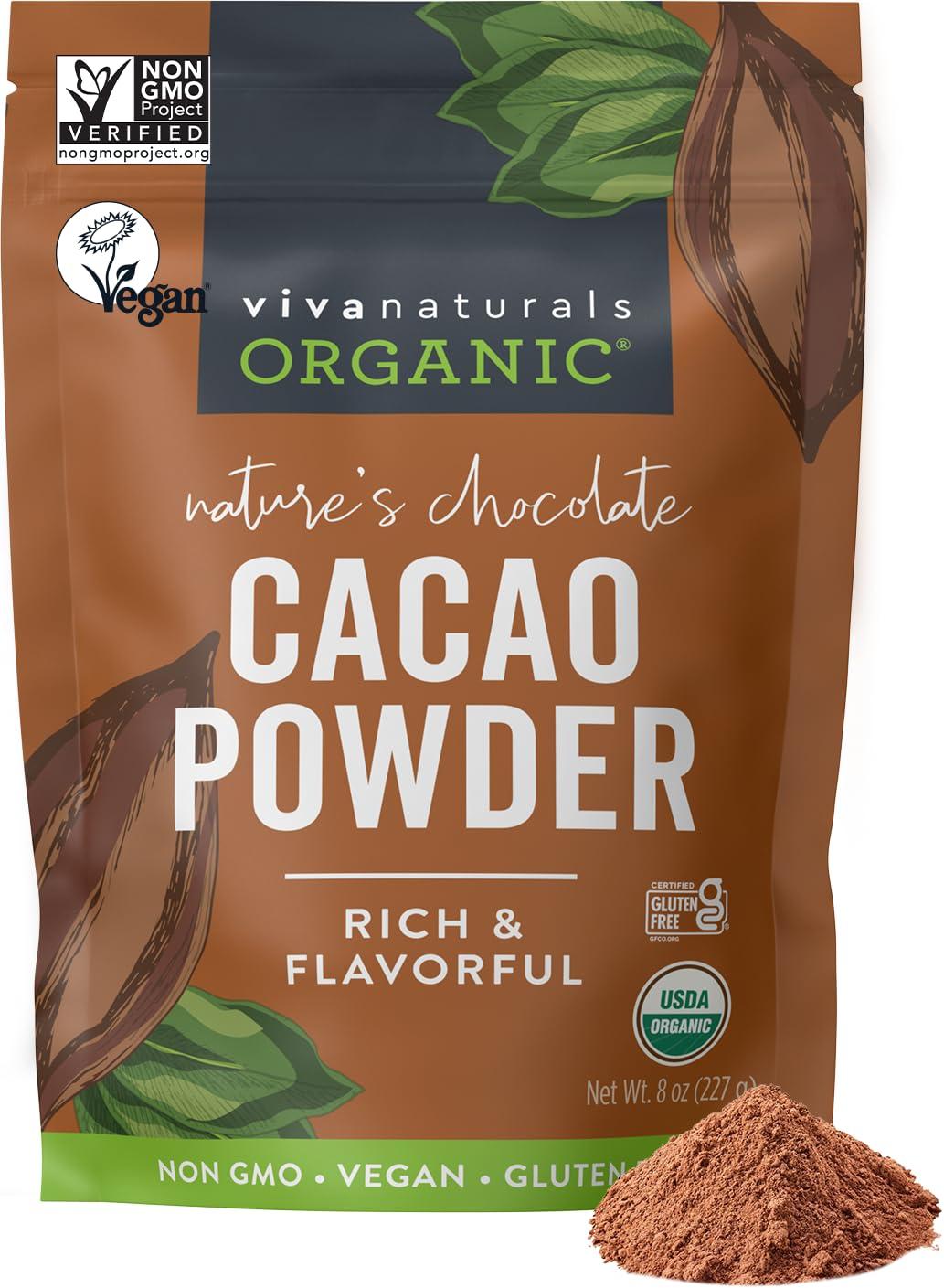 Viva Naturals Viva Naturals Organic Cacao Powder, 8 oz - Unsweetened Cocoa Powder With Rich Dark Chocolate Flavor, Perfect for Baking & Smoothies - Certified Vegan, Keto & Paleo, Non-GMO & Gluten-Free, 227 g