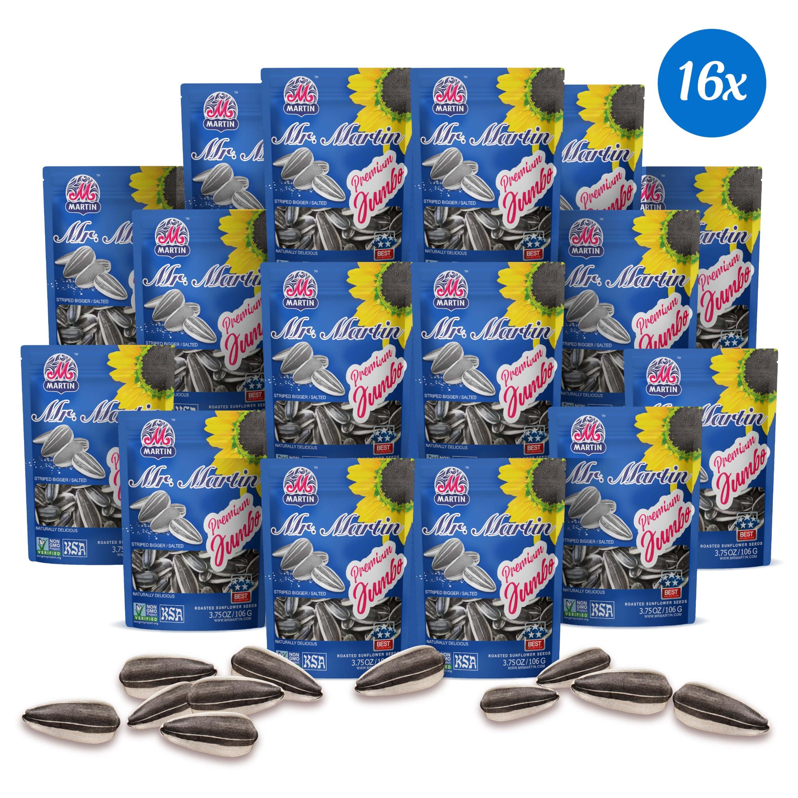 MR. MARTIN MR. MARTIN Premium Jumbo Salted Sunflower Seeds to eat, Roasted, Keto Friendly Snack, Kosher, Non-GMO, Vegan - 3.75 oz, 16 Pack