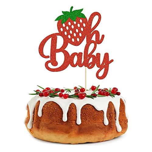 Gyufise 1Pc Strawberry Oh Baby Cake Topper Red Glitter Babyshower Strawberry Cake Pick Decoration for Sweet Fruit Theme Baby Shower Kids Birthday Party Supplies