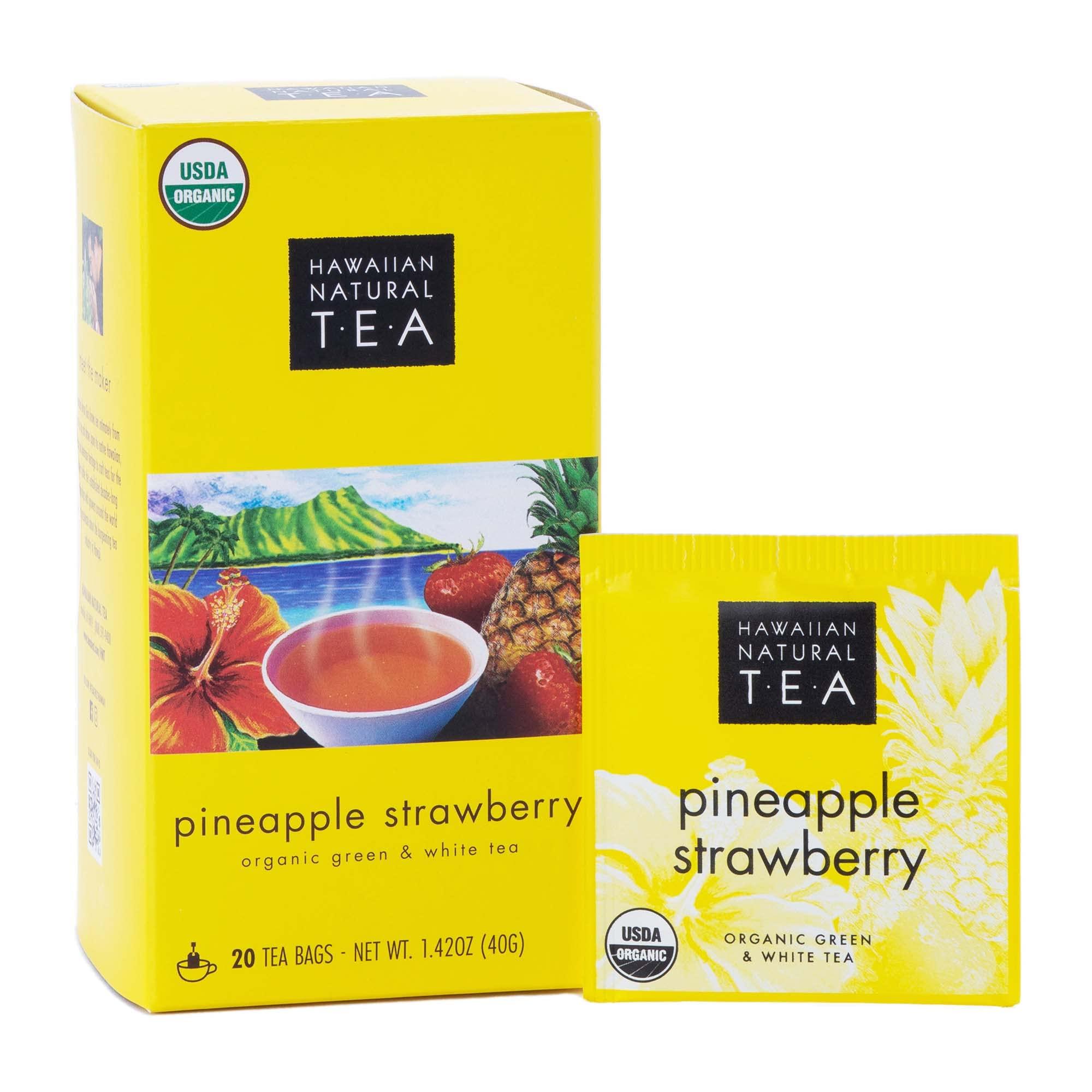 HAWAIIAN NATURAL T·E·A Hawaiian Natural Tea Pineapple Strawberry Flavored Organic Tea - Tropical Fruit Green Tea Blend with White Tea - Perfect Daily Cup & Gift for Tea Lovers - 20 Tea Bags