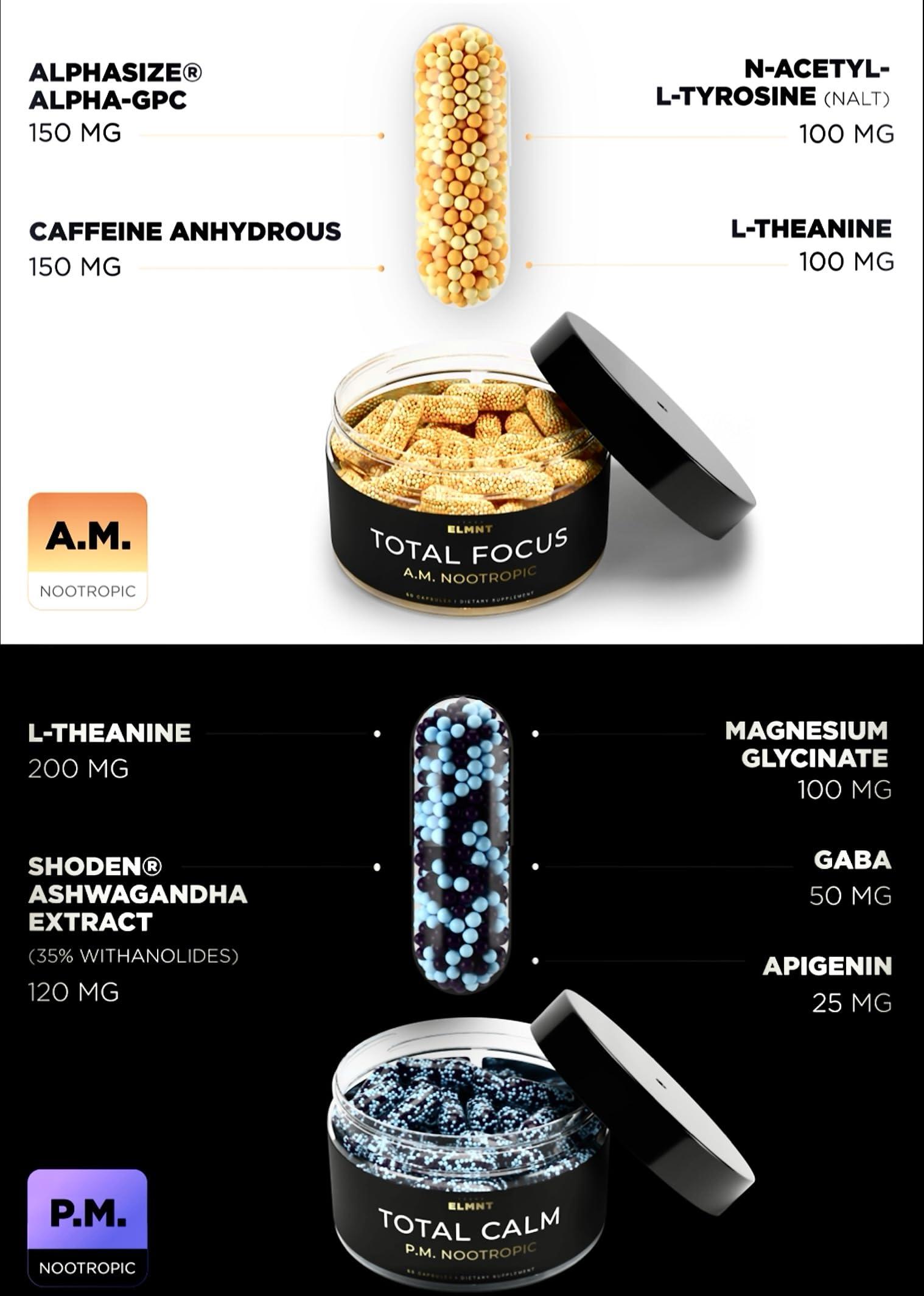 TERRA ELMNT AMPM Nootropic Total Focus + Calm 9X Strength w. Caffeine, L-Theanine, Alpha GPC, L-Tyrosine, Ashwagandha - X-Release Energy Pills Nootropics Brain Support Supplements for Memory and Focus Supplement