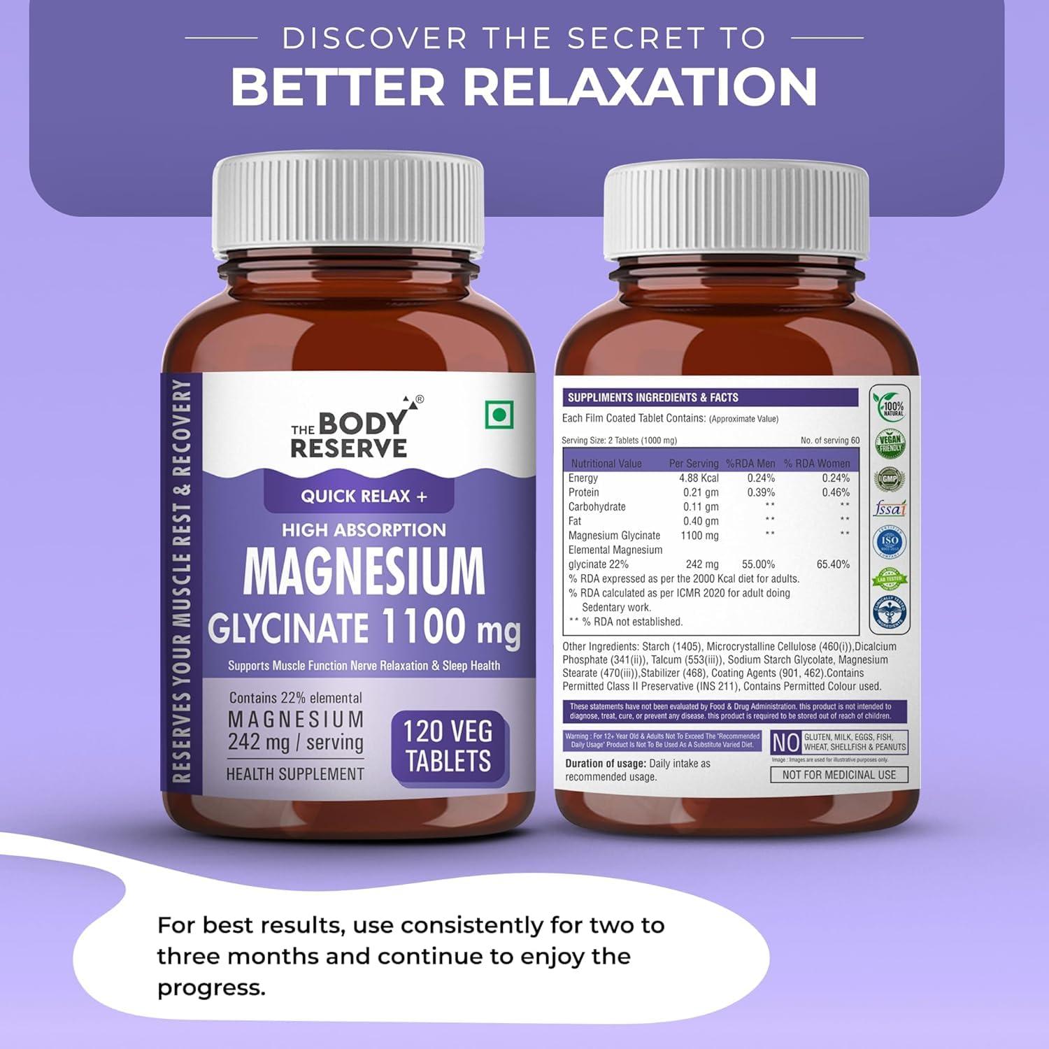 NineLife Basics Magnesium Glycinate Supplement - 120 Veg Tablets, 1100mg Per Serving, High Absorption Chelated Form - Supports Muscle & Nerve Health, Promotes Relaxation for Men & Women