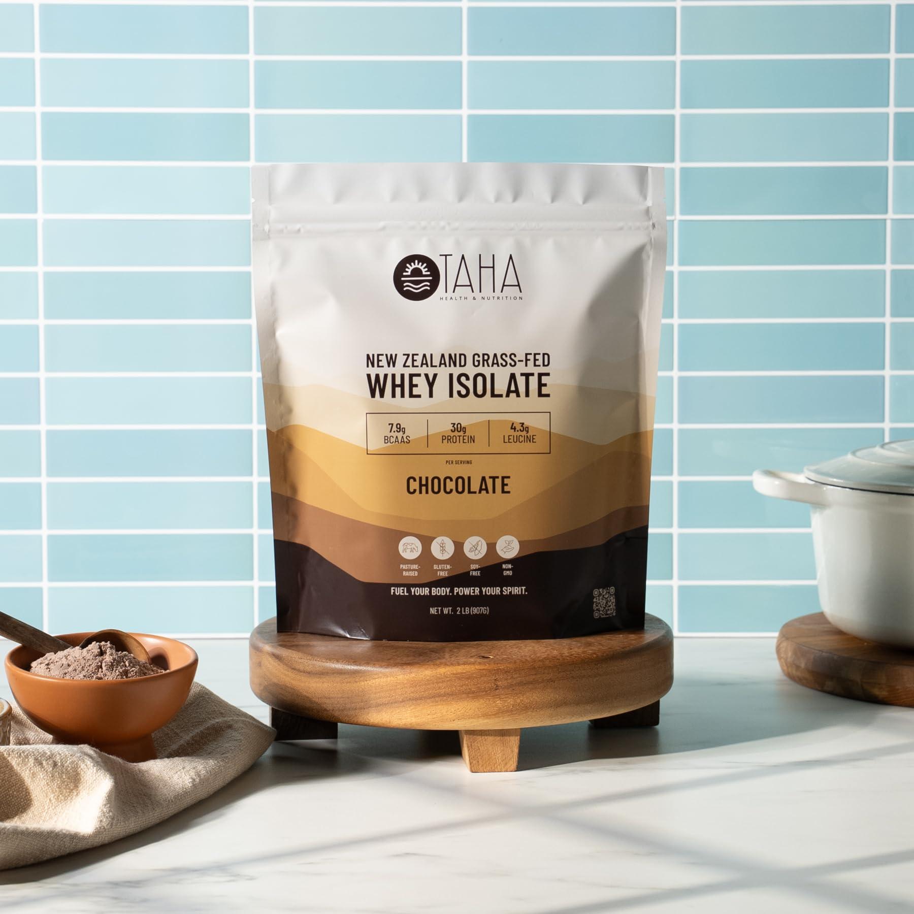 Taha Health & Nutrition Taha Health & Nutrition Chocolate Whey Protein Isolate Powder, 30g Protein, 7.9g BCAAs, 4.3g Leucine | New Zealand Free-Range, Grass-Fed Dairy | Gluten-Free, Keto, Kosher | 2LB, ~24 Servings