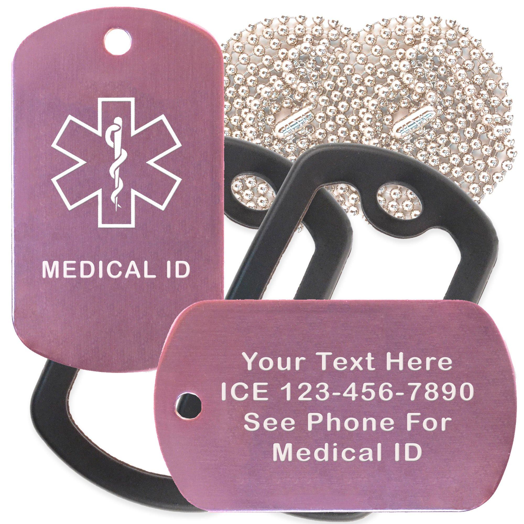 Goods For Giving Custom 2 Pack - Medical Id Medical Alert ID Necklaces with Pink Custom Tags, Black Silencers, and 30'' USA Chains