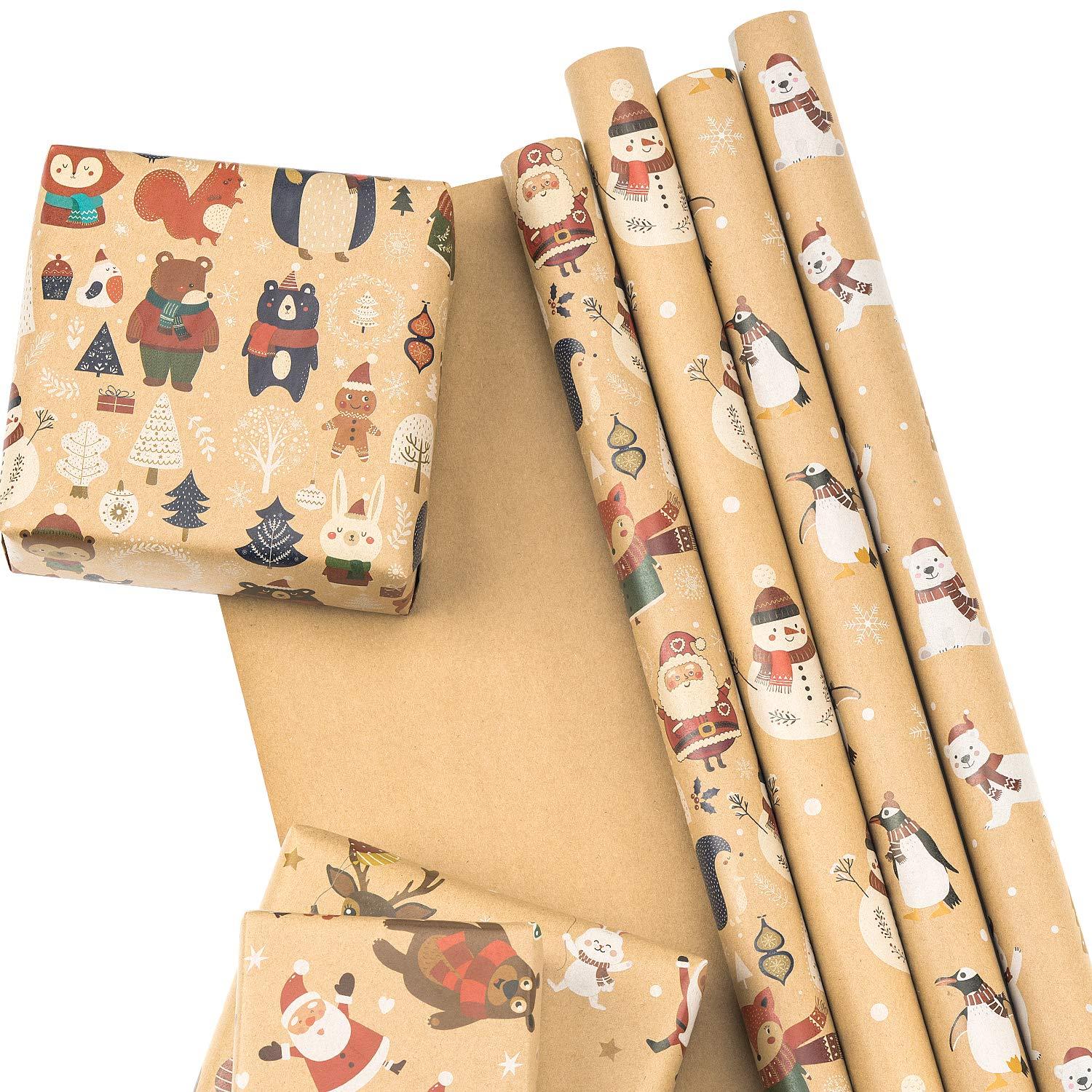 RUSPEPA RUSPEPA Christmas Kraft Wrapping Paper Santa Claus Xmas Theme Elements Great for Christmas, Birthdays, Holiday, Baby Shower - 6 Sheets Packed as 1 roll - 17.5 x 30 inches per Sheet